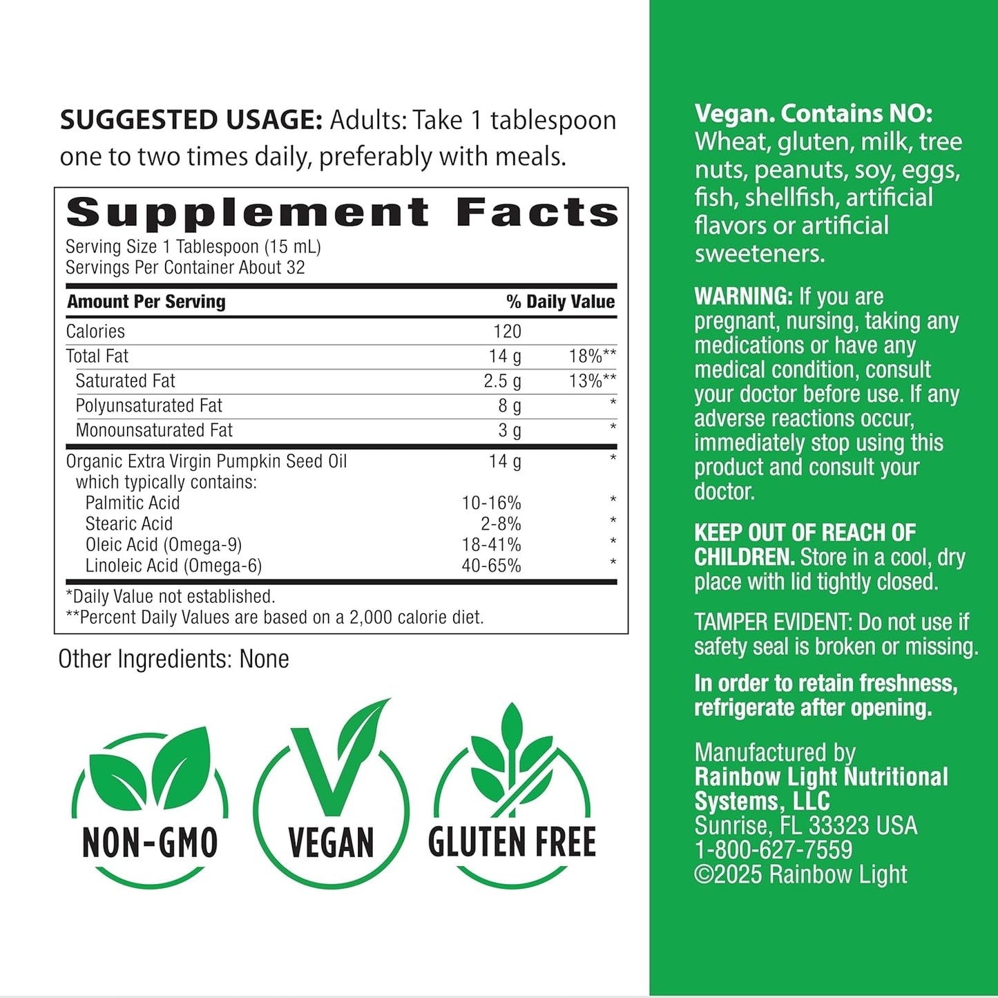 Rainbow Light Organic Extra Virgin Pumpkin Seed Oil | Cold Pressed Liquid Extract | Potent Source of Omega 6 and 9 Fatty Acids | Non-GMO and Gluten Free Supplement | 16 Fl Oz