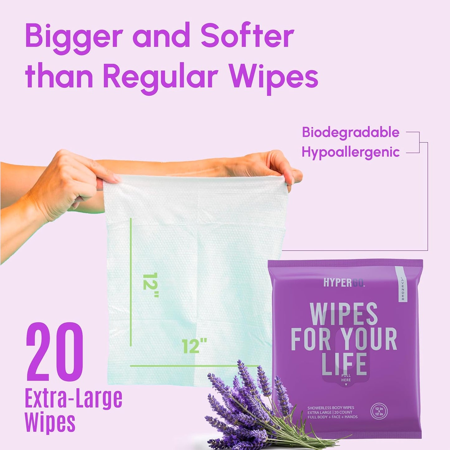 TruKid Bubble Podz & HyperGo Body Wipes Bundle - Lavender 20ct Wipes for Camping, Post Workout Bathing for Adults 12"x12" XL & Lavender 24ct Kids Bubble Bath for Toddlers 1-3, Baby & Kids