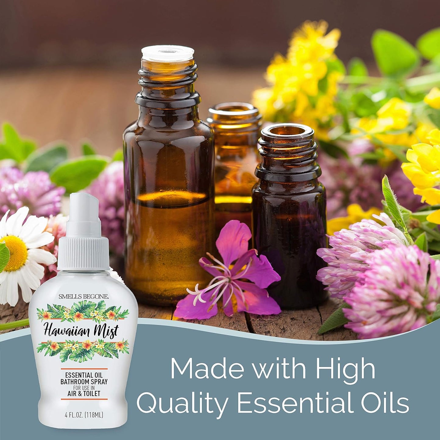 SMELLS BEGONE 4 oz Essential Oil Air Freshener Bathroom Spray - Eliminates Bathroom & Toilet Odors - Made with Essential Oils - Hawaiian Mist Scent