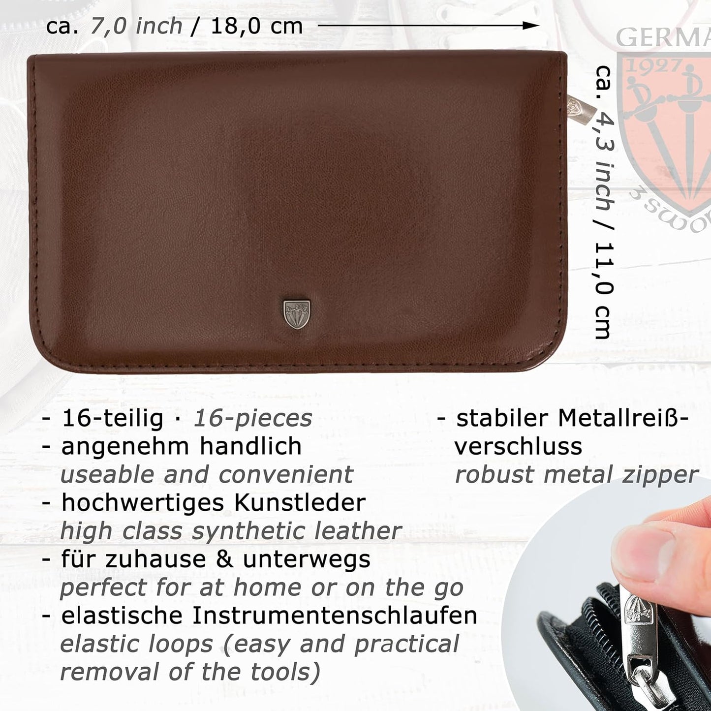 3 Swords Germany - brand quality 16 piece manicure pedicure grooming kit set for professional finger & toe nail care scissors clipper synthetic leather case, Made in Germany