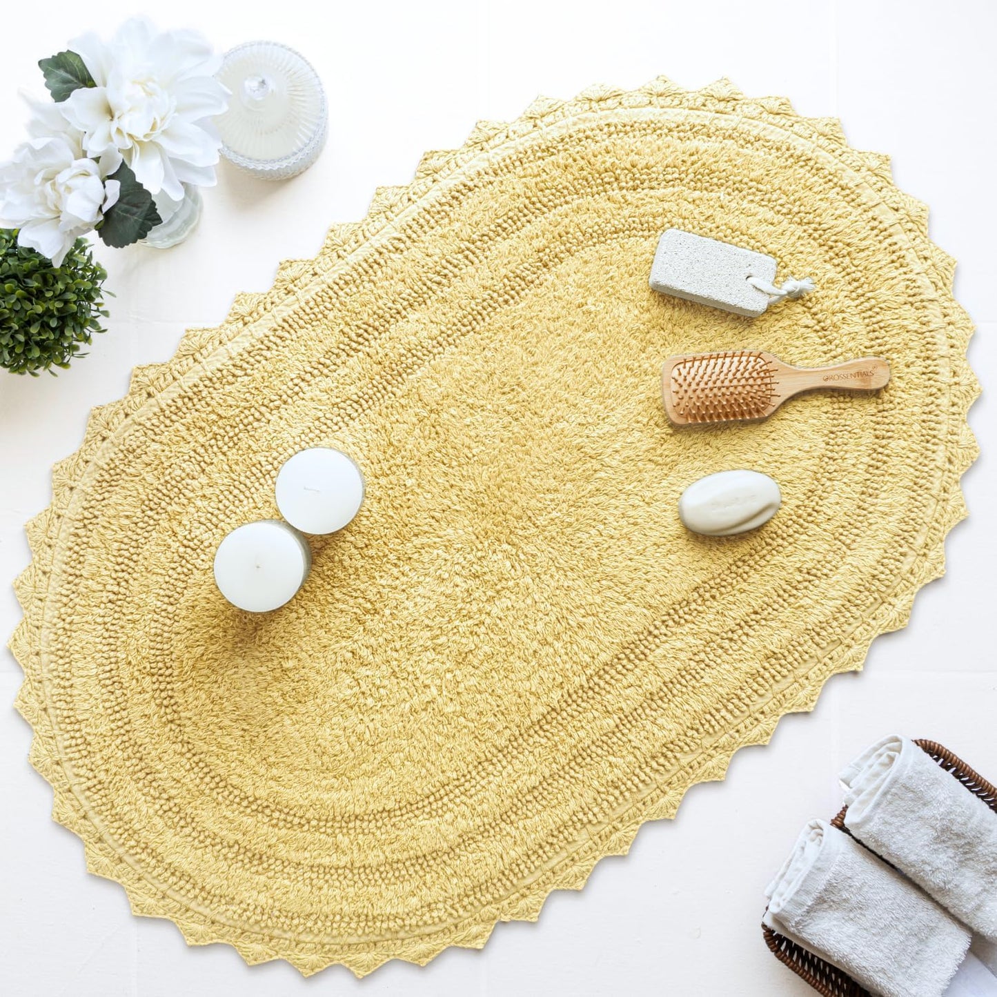 RAJRANG Bath Rug for Bathroom Kitchen Spa with Crochet Cotton Absorbent Soft Reversible Bath Mat Pale Banana Oval 24x17 Inch