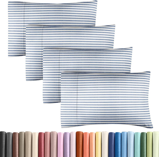King Pillow Cases Set of 4 - Ultra Soft Hotel Quality Pillowcase Covers - Comfy, Cozy & Wrinkle Free - Shrinkage and Fade Resistant - Machine Washable Pillow Protectors - 4 Piece Set - Blue Stripes 2