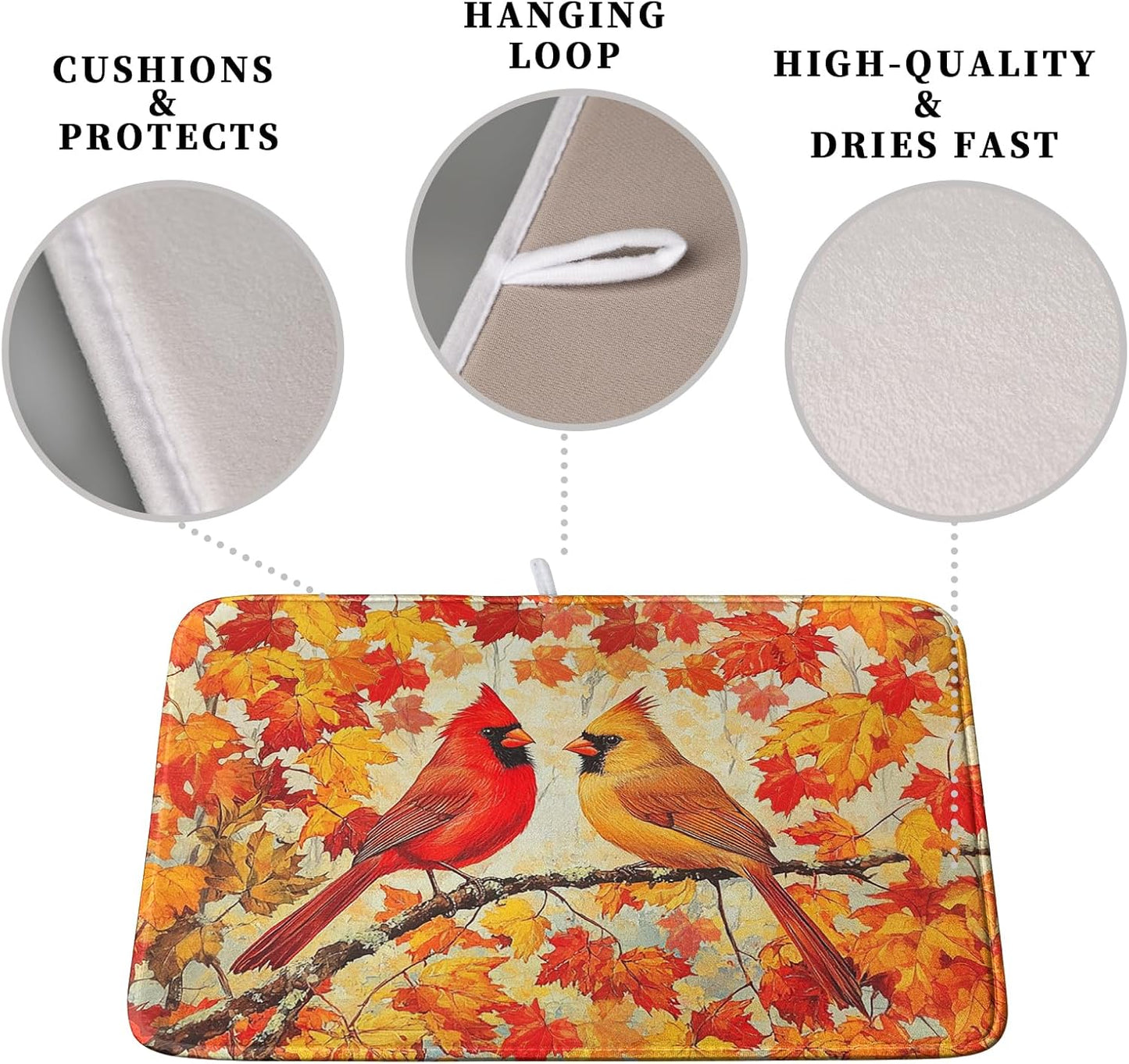 Fall Dish Drying Mats for Kitchen Counter Maple Leaf Cardinal Birds Dish Draining Mat 16x18 Inch Autumn Thanksgiving Dish Rack Mat Microfiber Absorbent Dish Drainer Pad