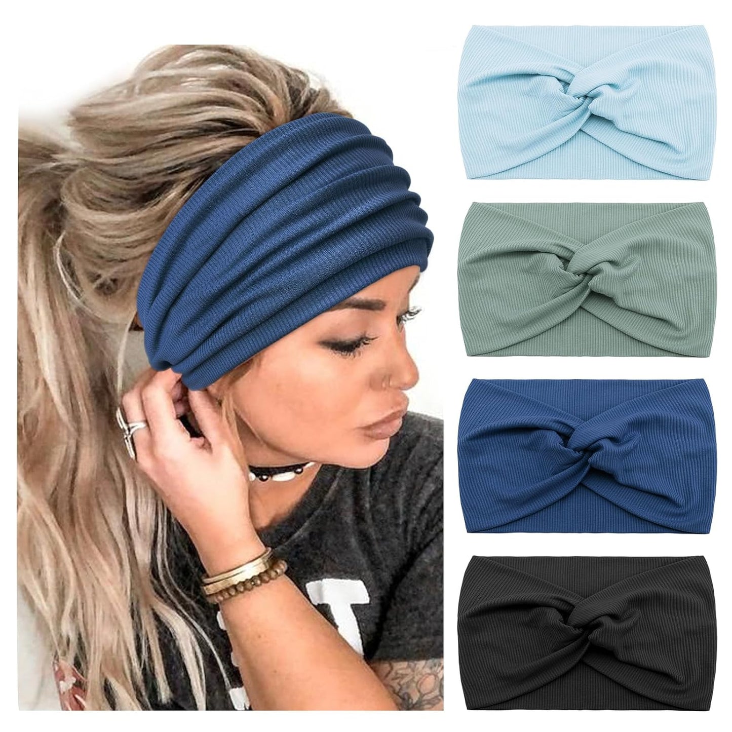 DRESHOW 4 Pack Turban Headbands for Women Wide Vintage Head Wraps Knotted Cute Hair Band Accessories