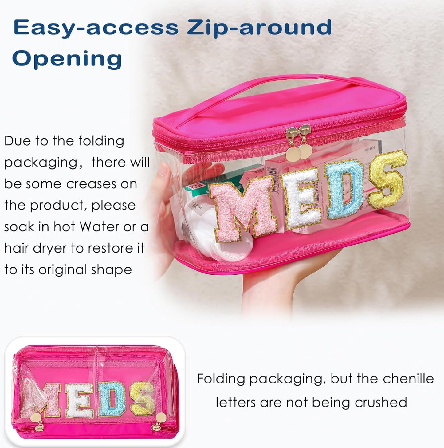 uekeboag Chenille Letter Clear Medicine Makeup Bag, Large Size Waterproof Nylon Cosmetic Toiletry Storage bag with Top Handle, Transparent Meds First Aid Travel Organizer Cosmetic Bag(01Hot Pink)