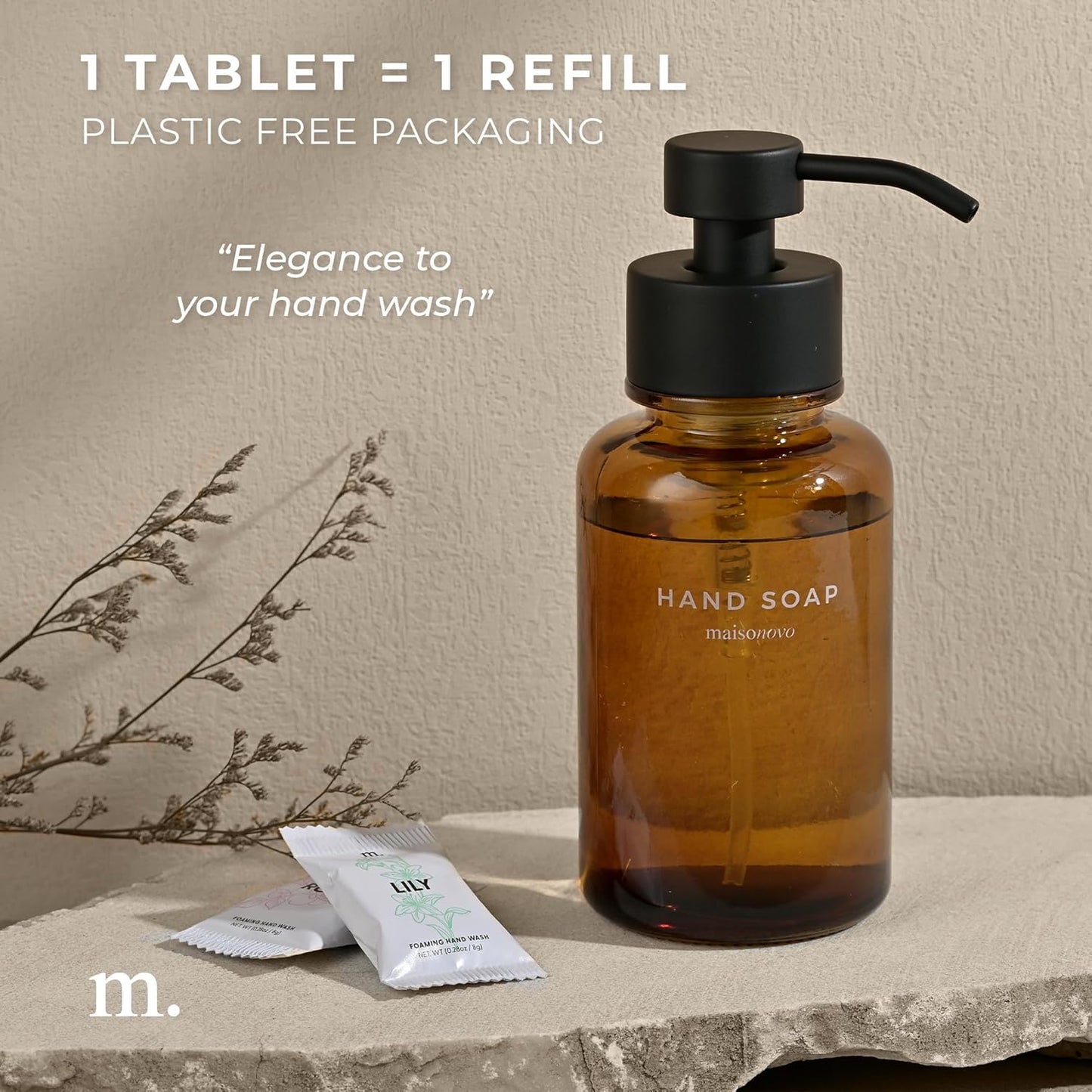 MaisoNovo 14 oz Amber Glass Foaming Soap Dispenser with Black Pump + Mixed 4 Pack Foaming Hand Soap Refill Tablets