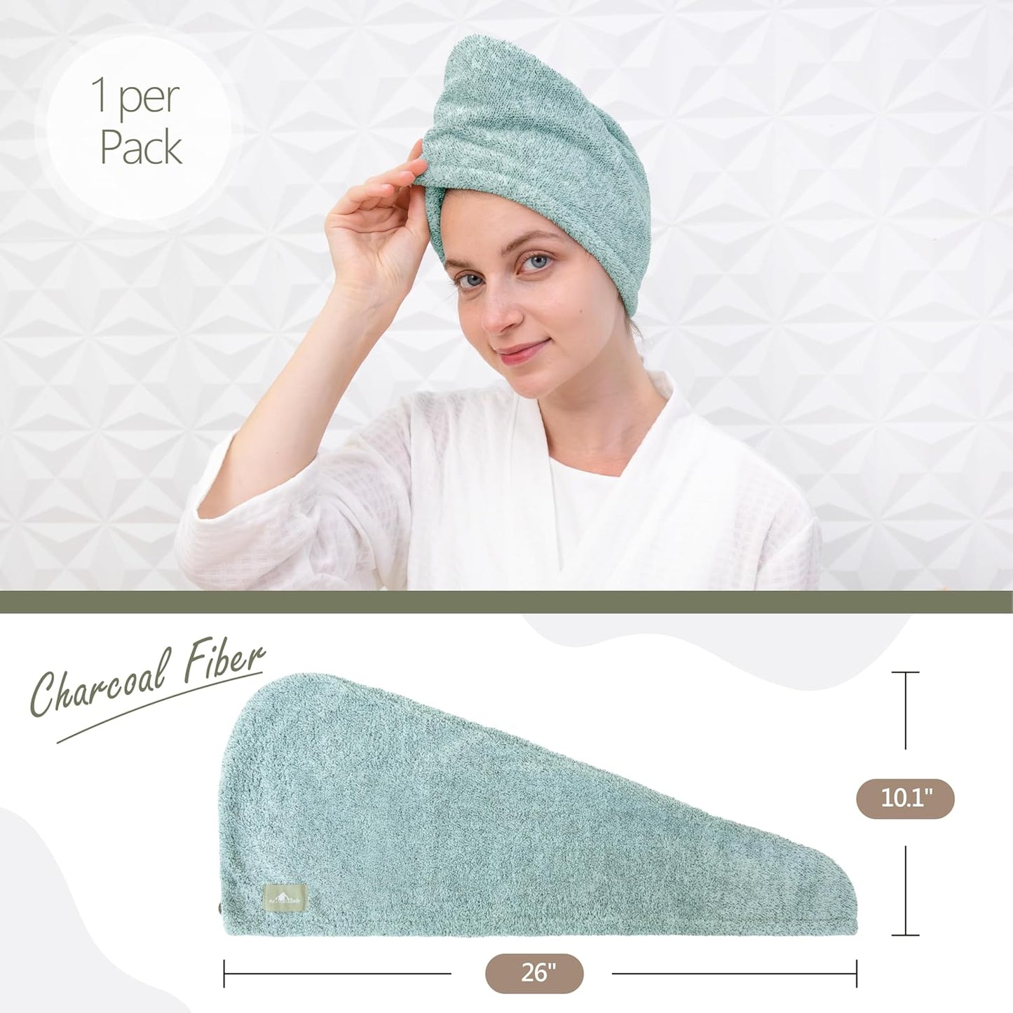 myHomeBody Hair Towel Wrap, Luxury Quick Drying Turban, Ultra Soft Absorbent Charcoal Fiber Cap, with Coconut Shell Button – Pine Green