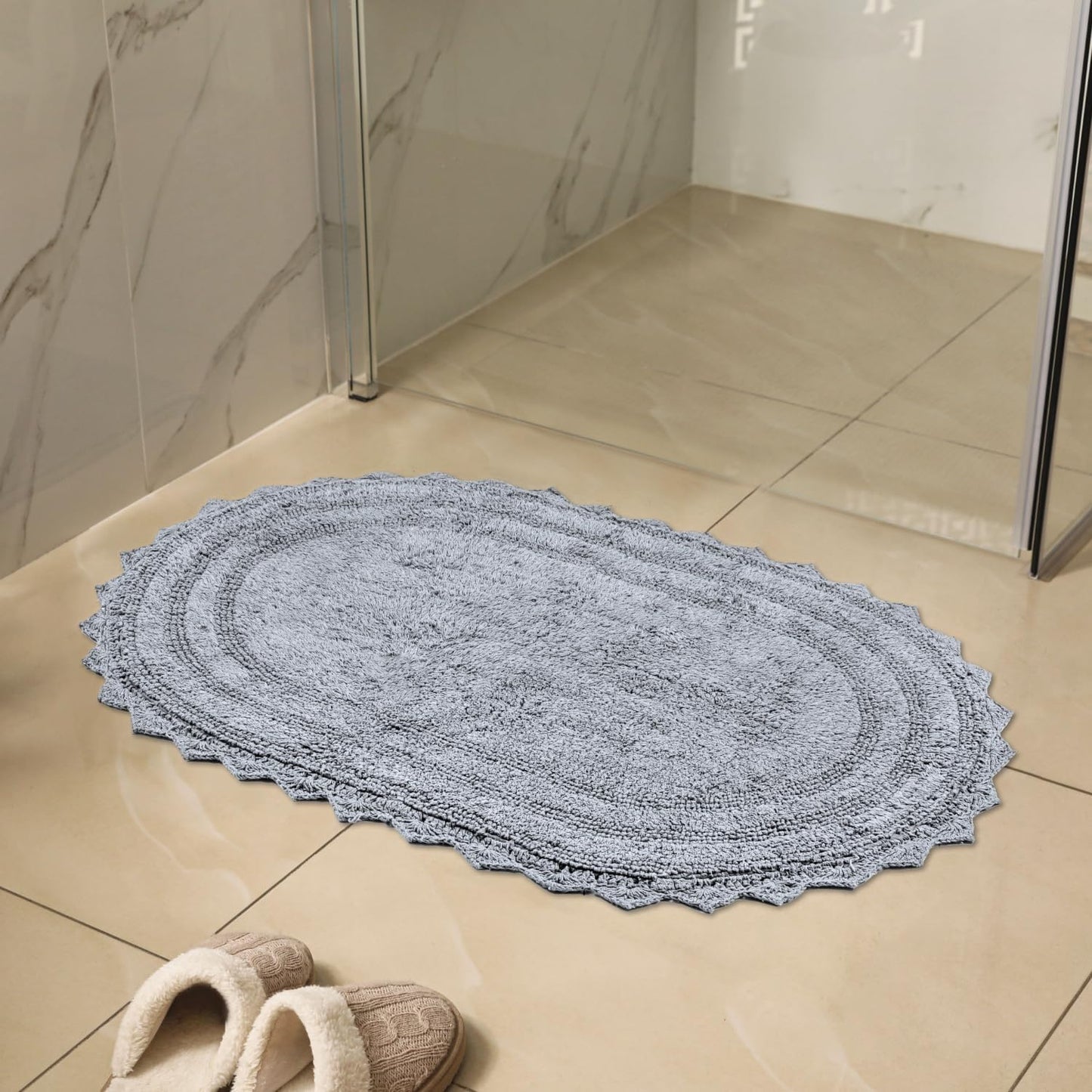 RAJRANG Bath mat for Bathroom Kitchen and Spa with Crochet Pattern Cotton Absorbent Soft Reversible Light Grey Bath Rug Oval 24x17 Inches