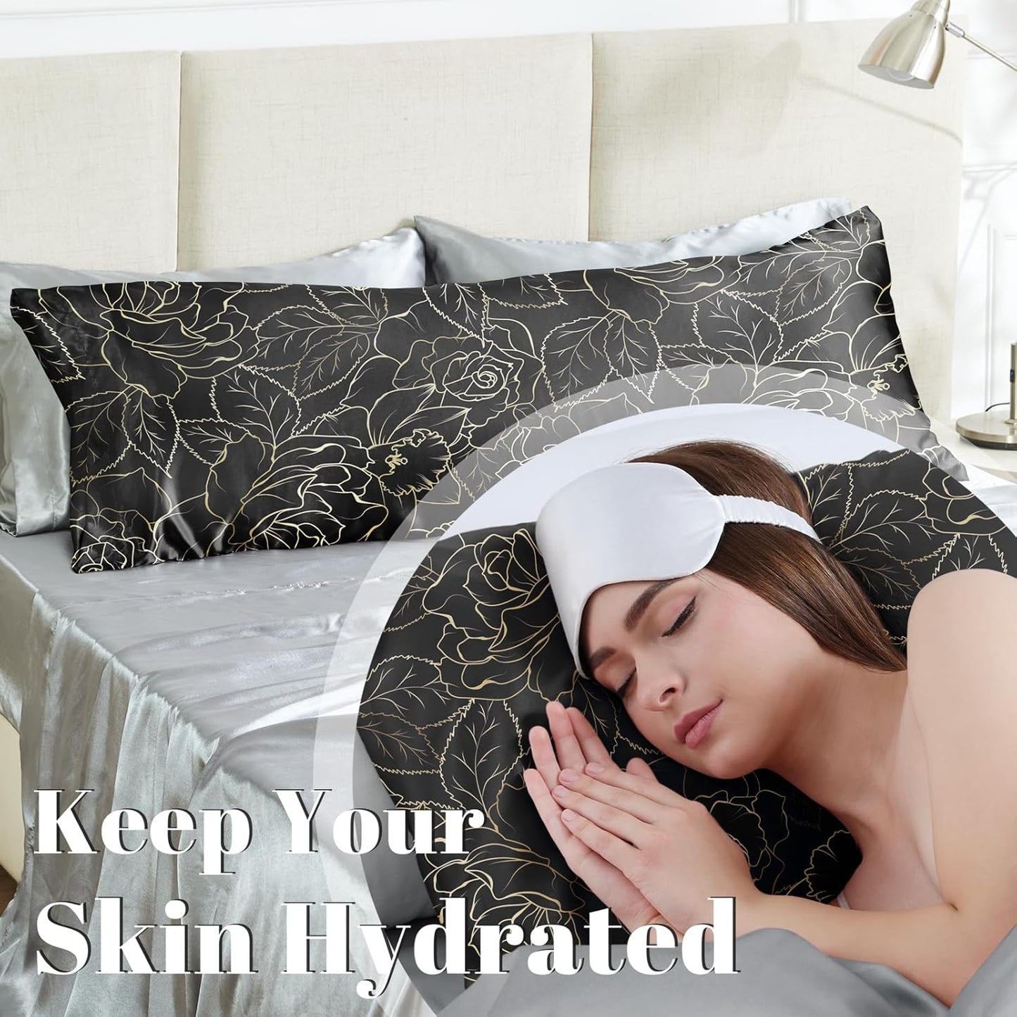 EXQ Home Satin Body Pillowcase for Hair and Skin- Rose on Black Silk Long Pillowcase 20x54 inches - Satin Pillow Cases with Envelope Closure, Gifts for Women