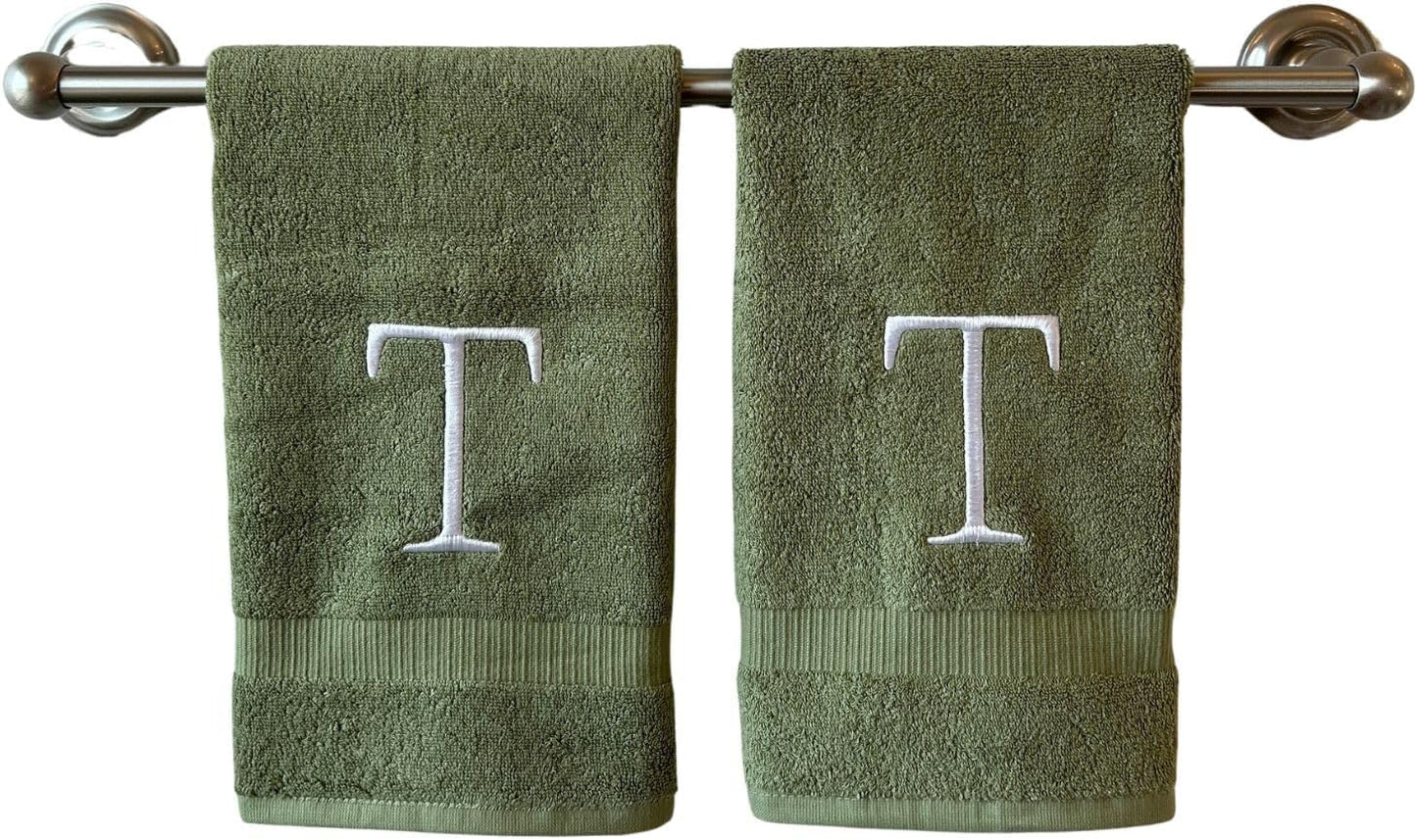 Sage Initial Hand Towel for Bathroom - Monogrammed Luxury Hotel Quality Decorative Embroidered Towel for Powder Room, Spa - GOTS Organic Certified - Set of 2 Letter T