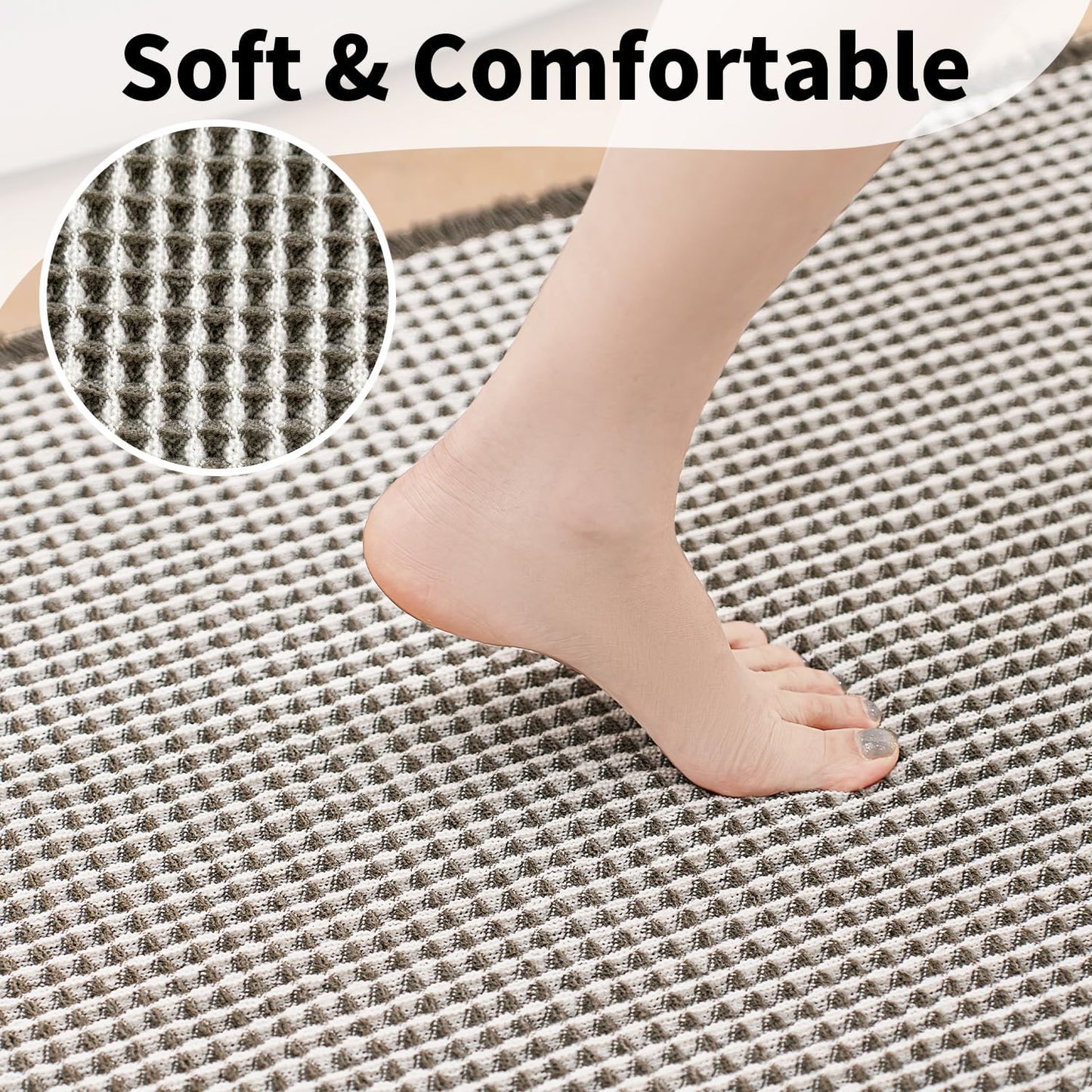 Waffle Bath Mat - Boho Bathroom Rugs Non Slip Washable, Super Absorbent & Quick Dry, Soft Bath Mat Farmhouse Bathroom Decor, 20'' x 48'', Olive Green and White