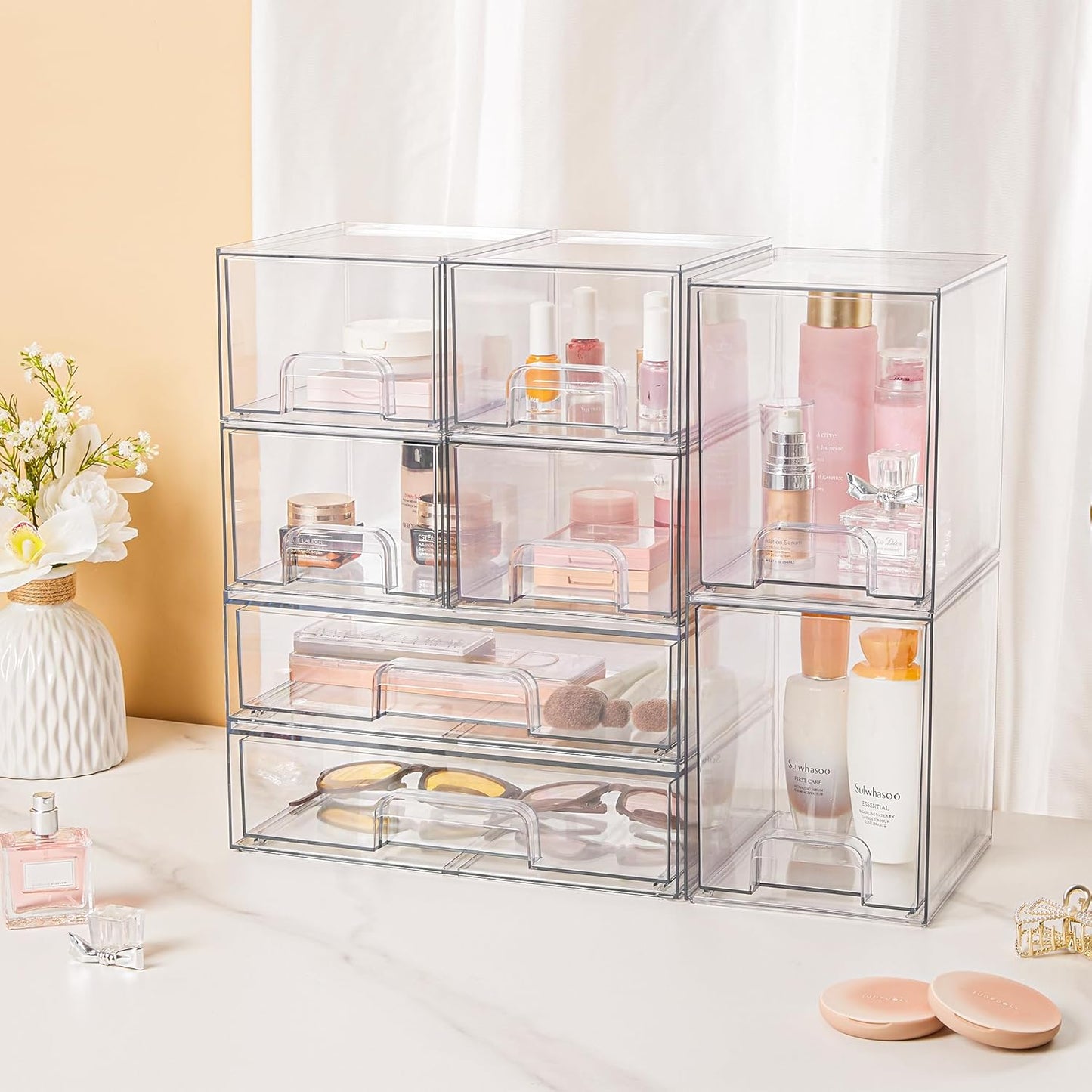 Vtopmart Clear Stackable Storage Drawers Set of 5, Plastic Organizer Bins for Makeup, Cosmetics, Beauty Supplies,Ideal for Vanity, Bathroom,Cabinet,Pantry Organization