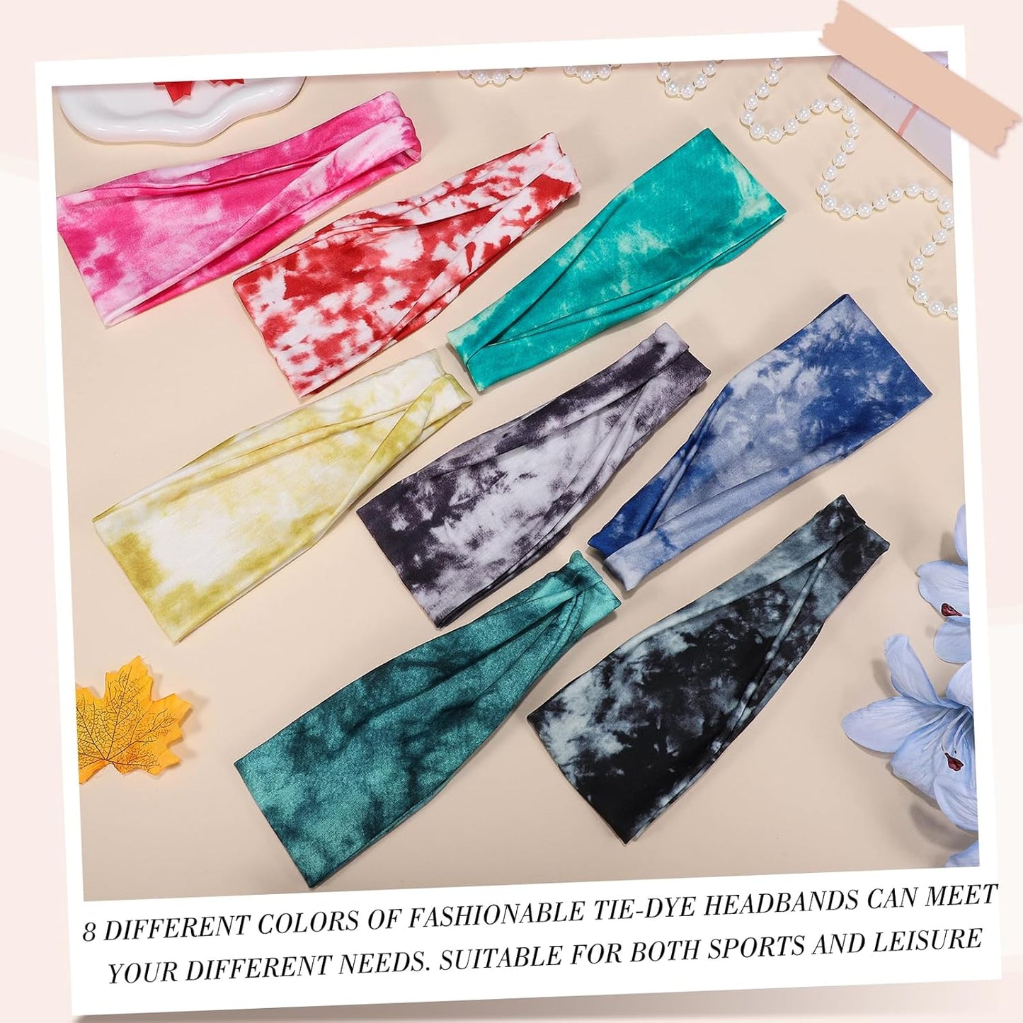 obeoby Tie Dye Headbands for Women, 8Pcs Boho Hairbands Fashion Knot Wide Headband for Daily Yoga Work, Stocking Stuffers for Women