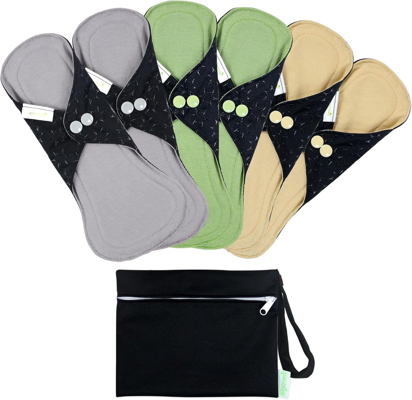 wegreeco 6 Pcs Reusable Menstrual Pads, Ultra Absorbent Cloth Pads for Heavy Flow, Sanitary for Teens, Women, Nonslip Panty Liners + Bag (Mustard Yellow, Grey, Beige, S)