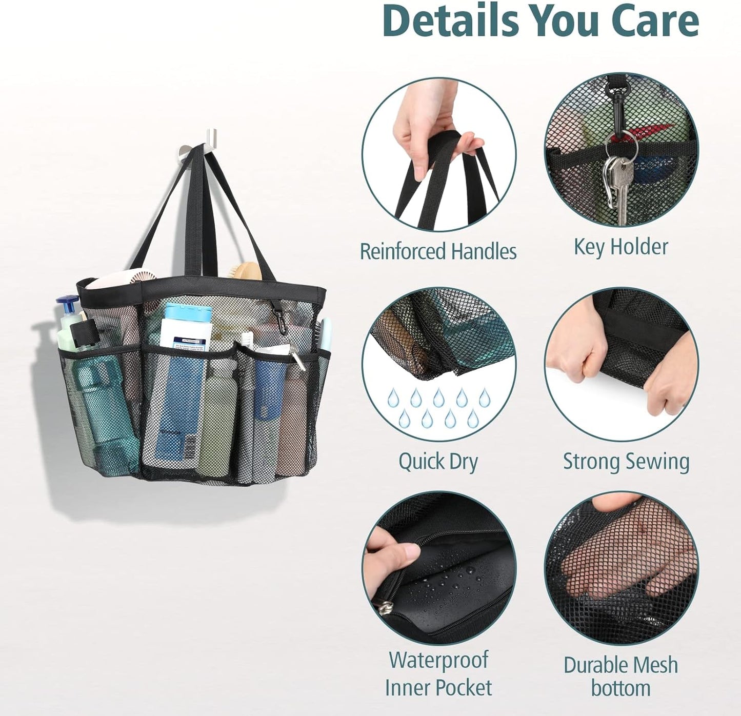 F-color Mesh Shower Caddy Portable, 8.3" Deeper Pockets Large Shower Caddy Bathroom Caddy for College Dorm Room Bathroom Essentials, 2 Handles Shower Bag Tote for Gym Rv, Camp with S Hook, Black