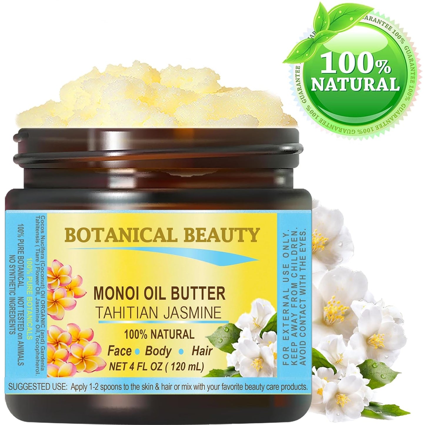Botanical Beauty MONOI OIL BUTTER TAHITIAN JASMINE Pure Natural Virgin Unrefined RAW for FACE, SKIN, BODY, DAMAGED HAIR, NAILS (4 Fl Oz)
