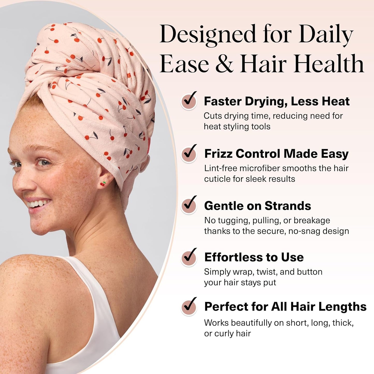 Kitsch XL Microfiber Hair Towel Wrap for Women – Ultra Absorbent Microfiber Towel for Wet, Curly, Long or Short Hair – Quick Dry, Anti-Frizz Hair Wrap – Cherry Print, 40x24 inches