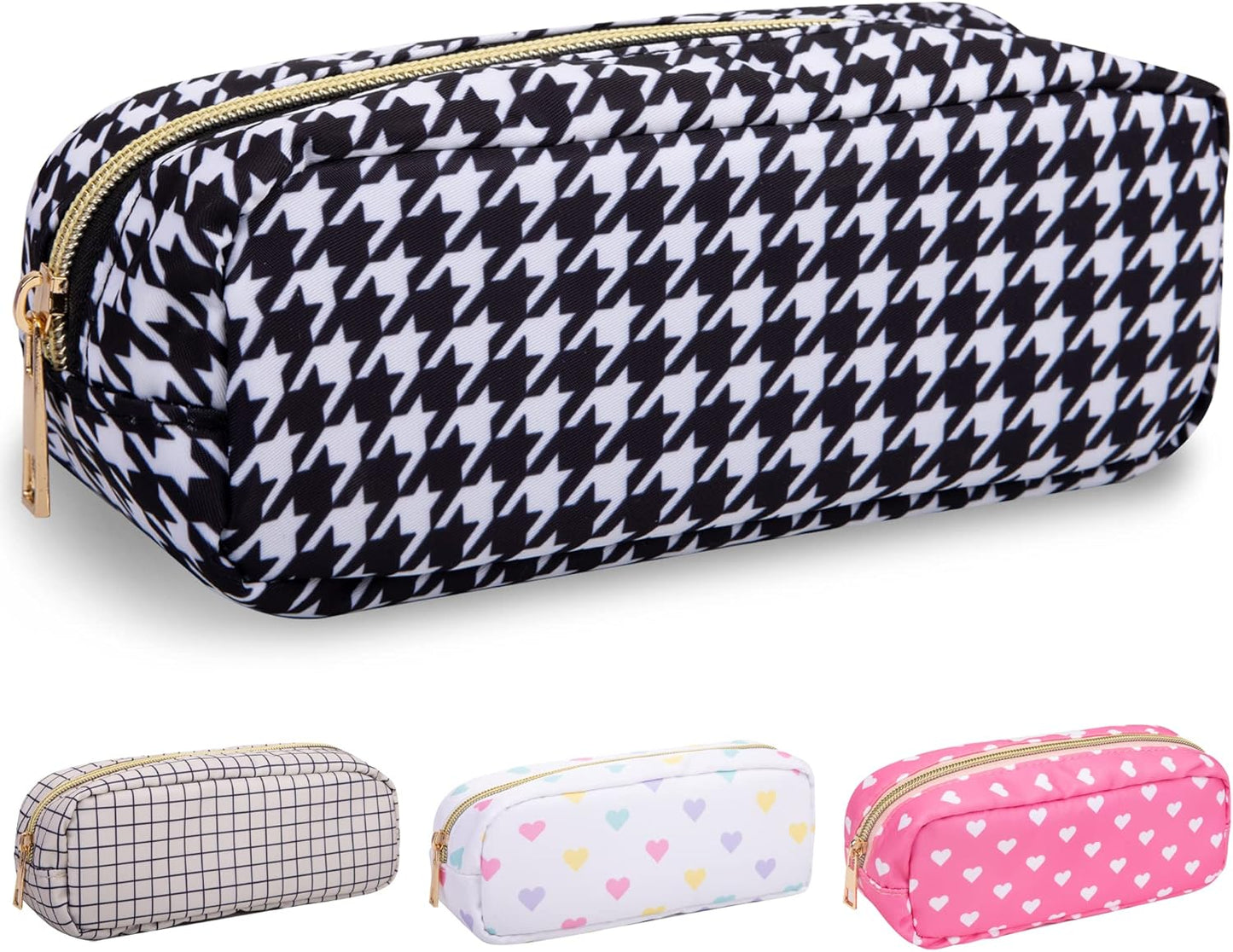 Nylon Slim Makeup Bag, Cute Makeup Brush Case, Preppy Cosmetic Zipper Pouch for Purse, Travel Toiletry Bag Clutch Coin Pouch Make Up Organizer for Women Girls (Black Houndstooth)
