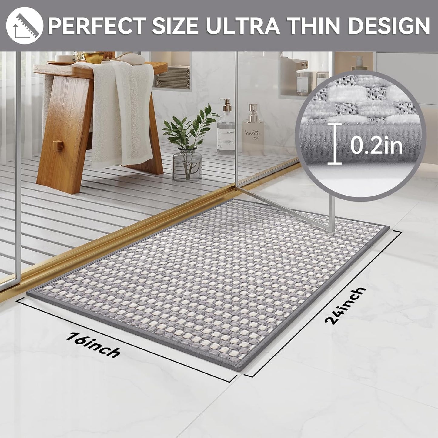 Non Slip Bath Mat Bathroom Rugs, Soft Braided Ultra Thin Bath Mats, Super Absorbent Quick Dry Bath Rug Shower Mat, Rubber Backing, Fit Under Door Bathroom Floor, Machine Washable, Gray 16" x 24"