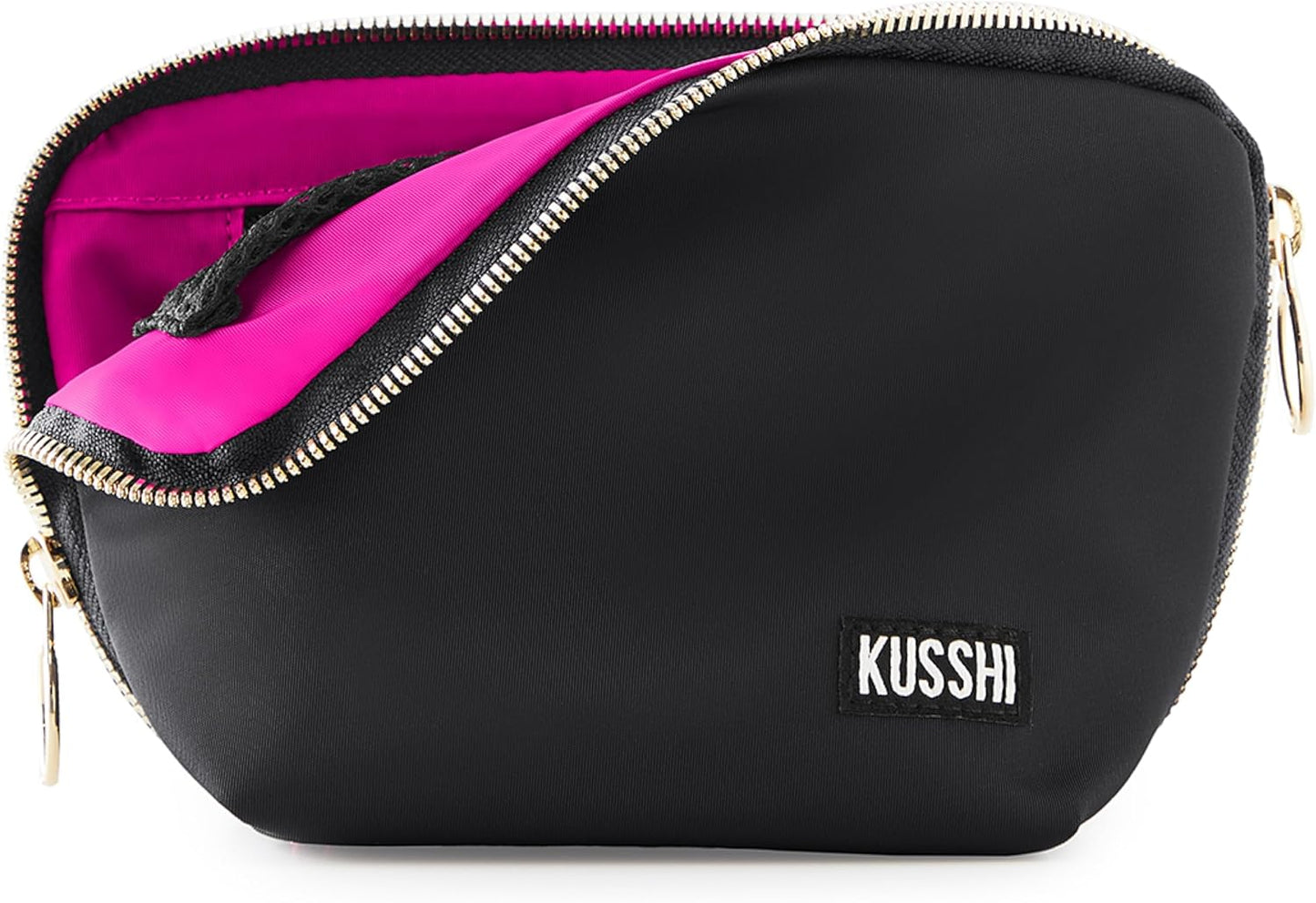 KUSSHI Washable Travel Makeup Bag for Purse (Everyday, Satin Black/Pink)