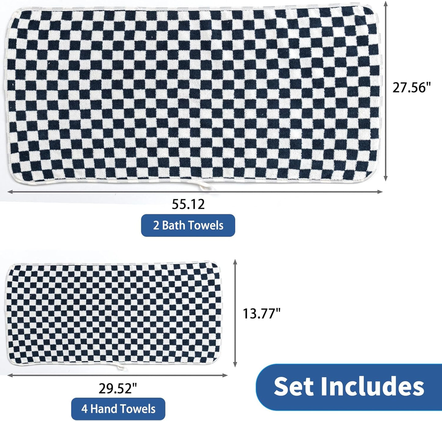 Checkered Bath Towels Set of 6 Large, Microfiber Shower Towels * 2 (55.12"*27.56"), Hand Towels * 4 (29.52"*13.77"),Towels for Bathroom、Pool、Hotel, Spa, Soft Absorbent Quick-Dry（Blue）