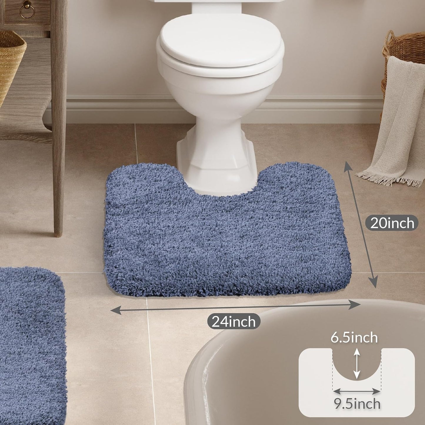 Walensee Contour Rug (20x24, Blue) Non Slip Bath Mat for Bathroom Water Absorbent Soft Microfiber Shaggy Mat Machine Washable U Shape Toilet Rug