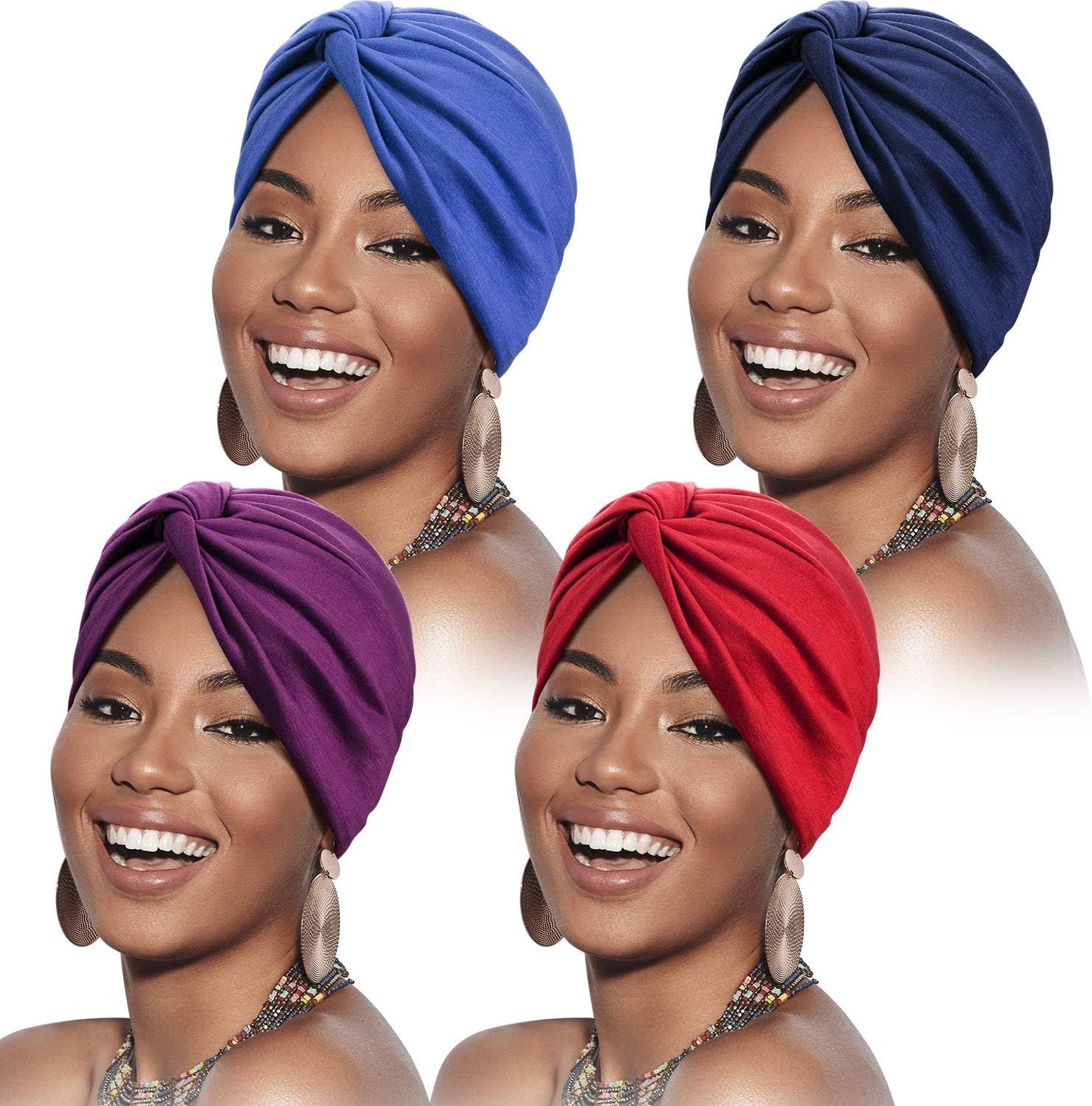 SATINIOR 4 Pieces Turbans for Women Soft Pre Tied Knot Fashion Pleated Cancer Turban Cap Chemo Headwrap Sleep Hat, 4 Colors