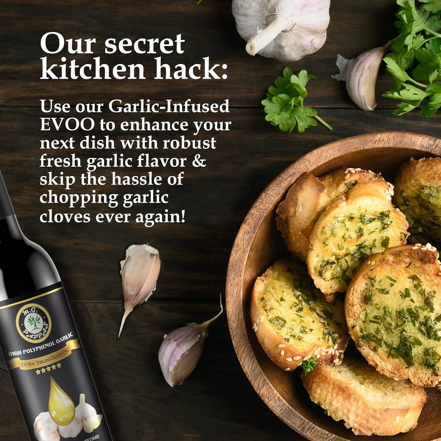 M.G. PAPPAS High Polyphenol Rich Garlic Infused Olive Oil - Extra Virgin Olive Oil Polyphenol Lab Report 650mg/kg - Cold Pressed & Unfiltered - High Hydroxytyrosol Greek Olive Oil - Award Winning