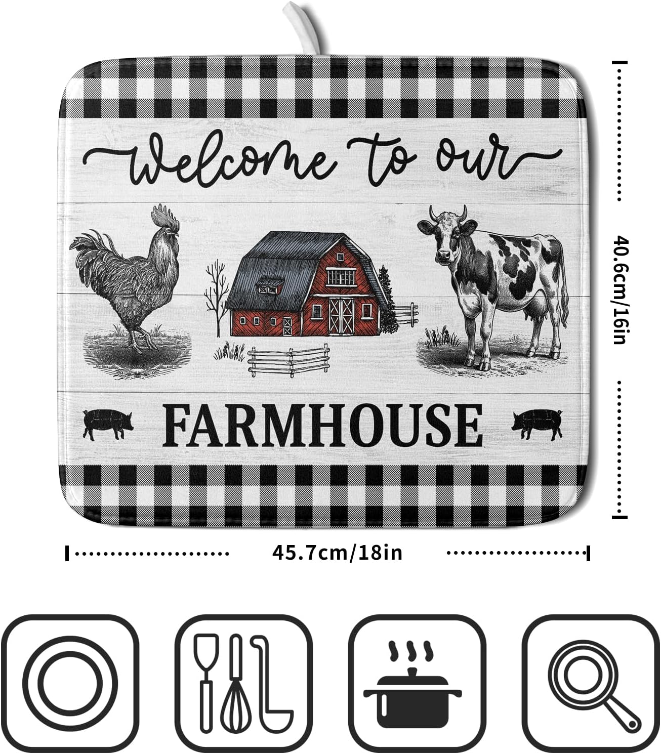 Farmhouse Barn Dish Drying Mat 16x18 Inch Cow Rooster Absorbent Microfiber Dish Drainer Rack Pad Bottles Protector for Kitchen Counter