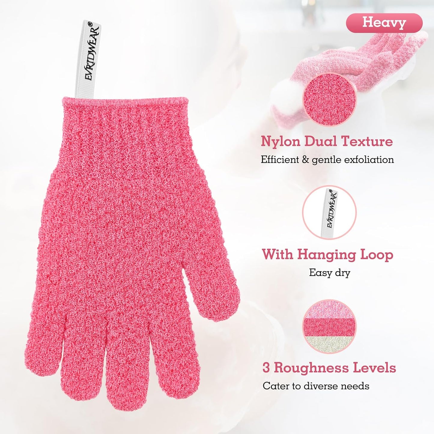 Evridwear Exfoliating Gloves for Shower, 100% Nylon Thick Soft Medium Heavy Bathing Gloves Dead Skin Remover Body Scrubber Smooth Skin with Hang Loop, 2 Pairs Heavy Hot Pink