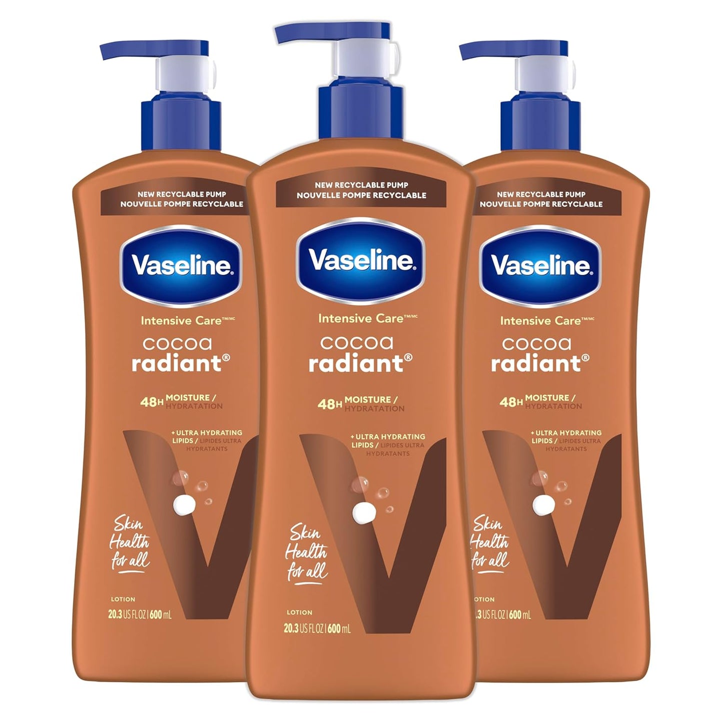 Vaseline Intensive Care Body Lotion Cocoa Radiant 3 count for Dry Skin Lotion Made with Ultra-Hydrating Lipids and Pure Cocoa Butter for a Long-Lasting, Radiant Glow 20.3 Oz