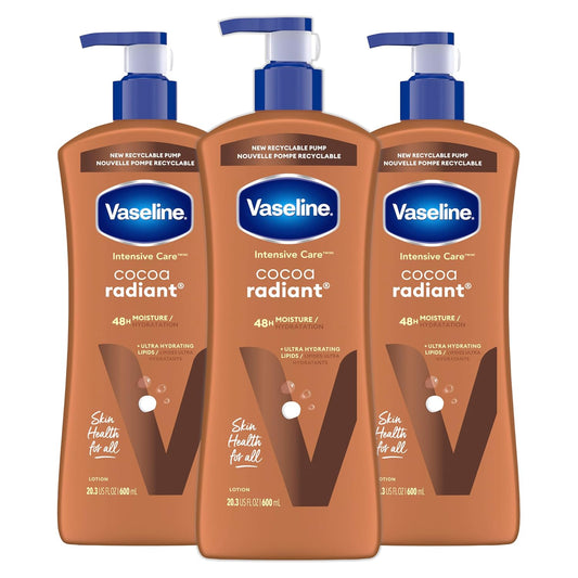 Vaseline Intensive Care Body Lotion Cocoa Radiant 3 count for Dry Skin Lotion Made with Ultra-Hydrating Lipids and Pure Cocoa Butter for a Long-Lasting, Radiant Glow 20.3 Oz