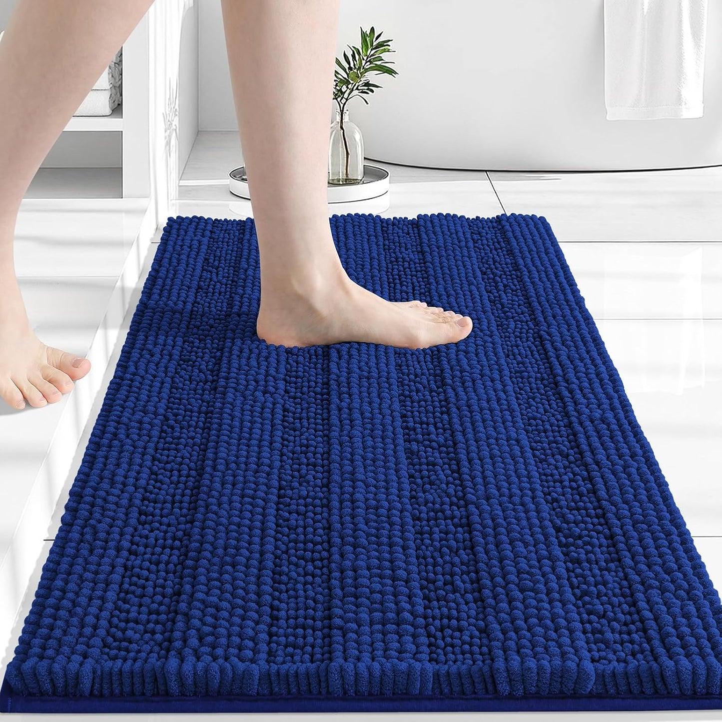Grandaily Chenille Striped Bathroom Rugs 30x20, Extra Thick and Absorbent Bath Mats, Non-Slip Soft Plush Shaggy Shower Carpet, Machine Wash Dry, Bath Rug for Bathroom, (Medium, Royal Blue)