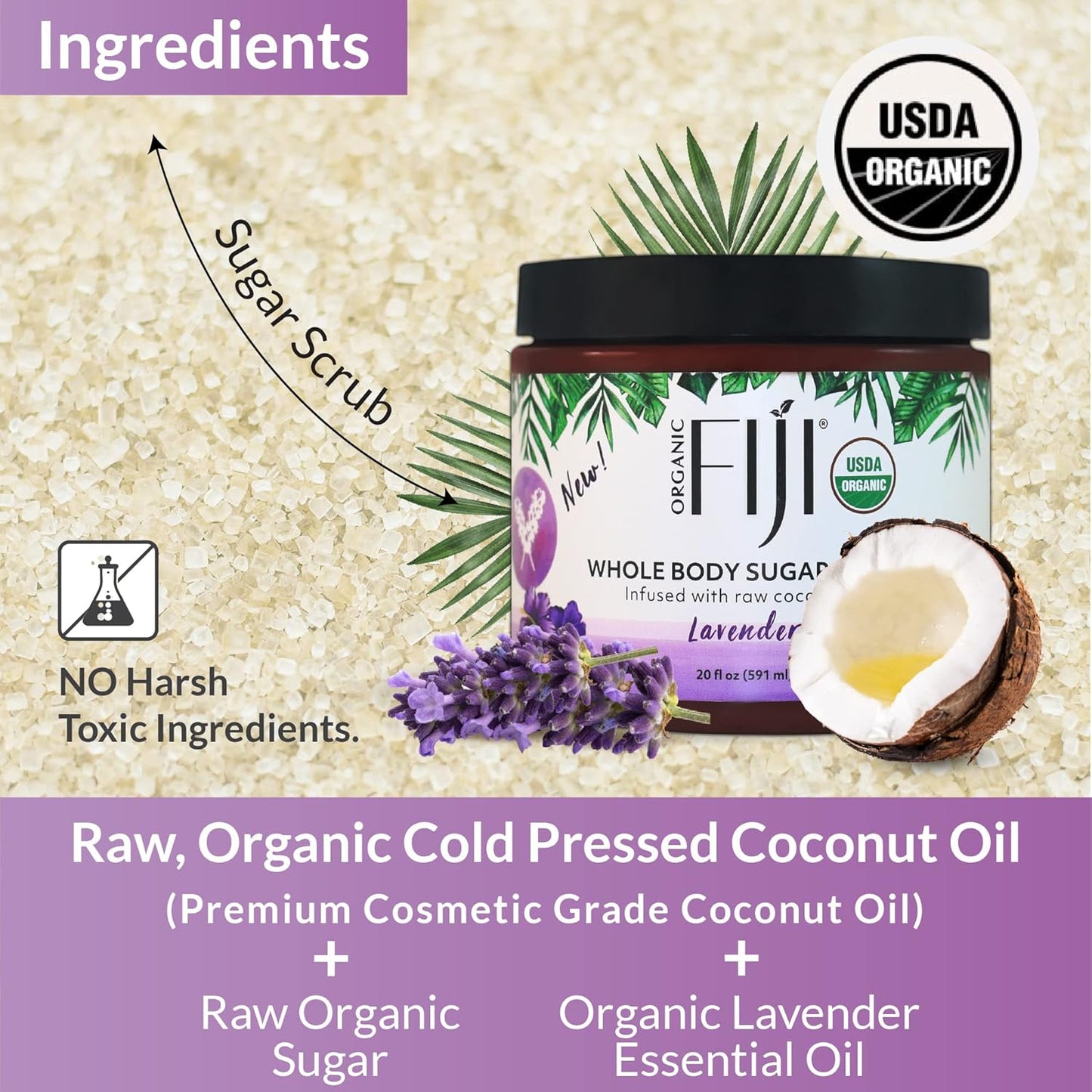 Organic Fiji Whole Body Scrub - Infused with Coconut Oil, Exfoliating Sugar Scrub for Smooth and Soft Skin, Exfoliates & Restores Skin's Natural Biosphere, Lavender 20 oz