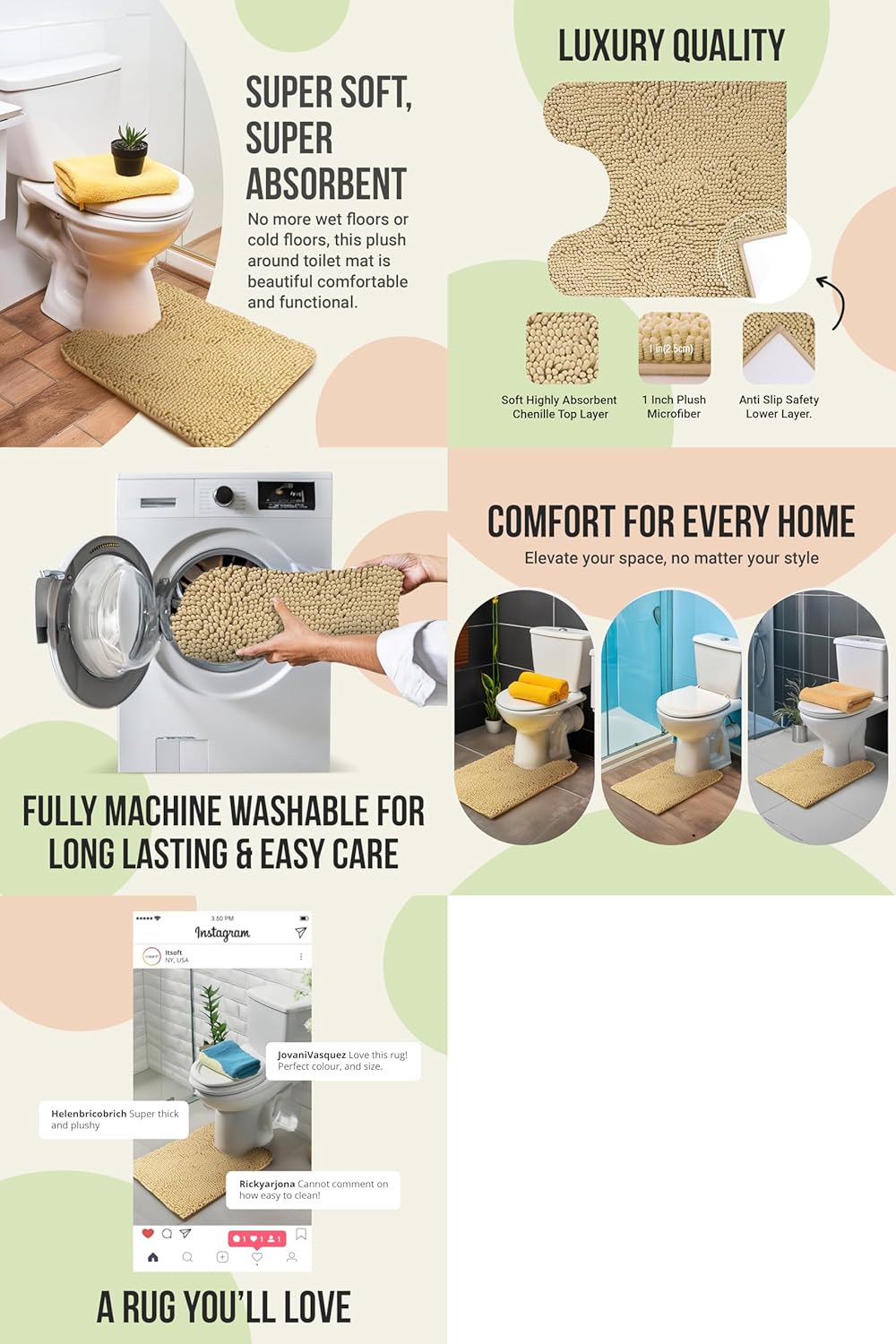 ITSOFT Non-Slip Shaggy Chenille Toilet Contour Bathroom Rug with Water Absorbent, 24 x 21 Inches U-Shaped Beige