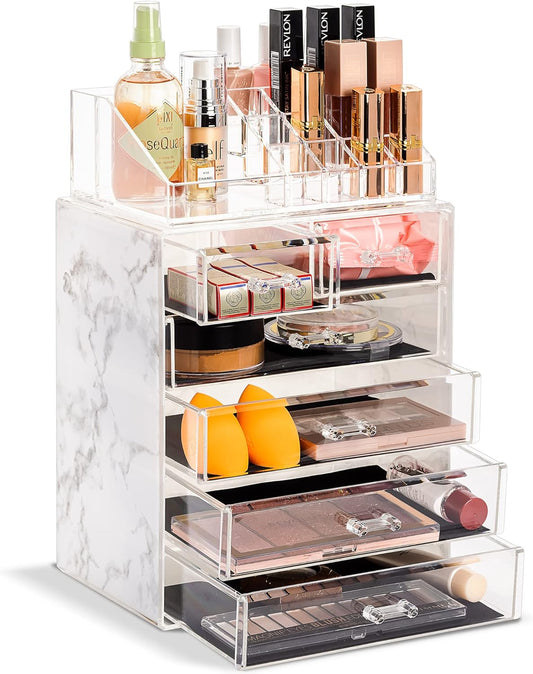 Sorbus Acrylic Makeup Organizer Set, 6-Drawer Vanity & Countertop Cosmetic Storage with Small & Wide Compartments, Marble Print Makeup Storage for Brushes, Jewelry – Holiday Gift for Women & Teens
