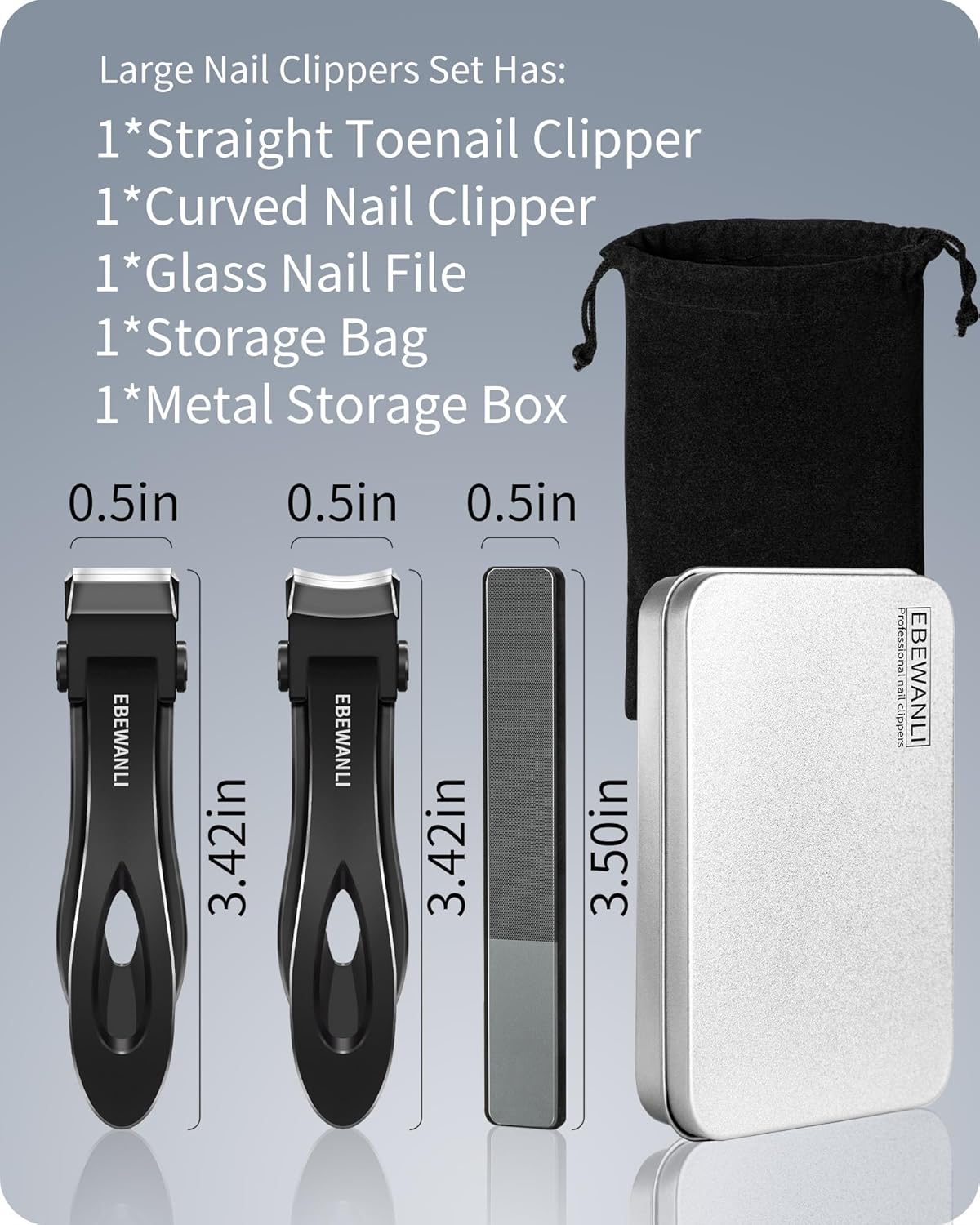 Nail Clippers Set, Toe Nail Clippers for Men, 17mm Wide Jaw Opening Toenail Clippers for Thick Toenails, Straight and Curved Blade Heavy Duty Toenail Clippers and File with Tin Case