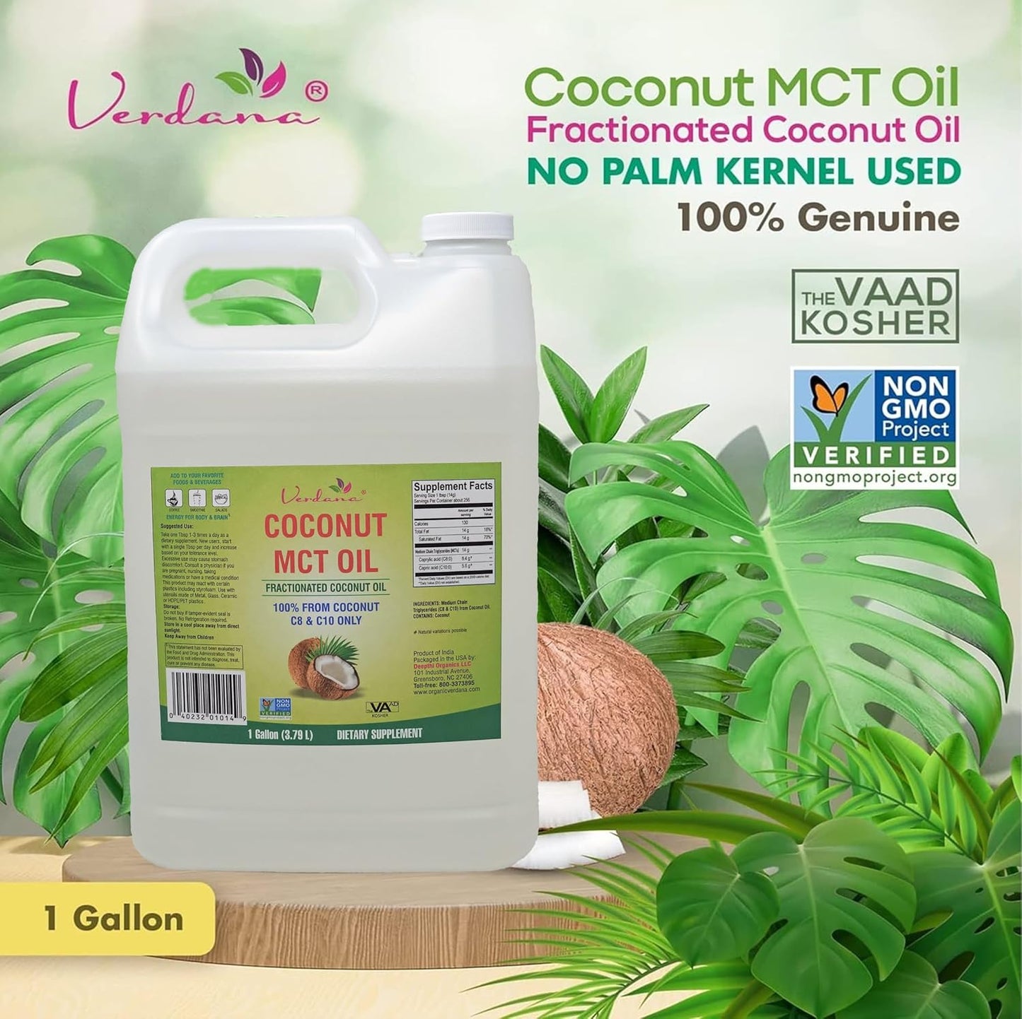 Verdana MCT Oil, Fractionated, 100% from Coconut - 1 Gallon - Kosher Food Grade, Vegan, Non-GMO - Great for Keto and Paleo Diet, Oil Pulling Oral Rinse Mouthwash (128 Fl Oz)
