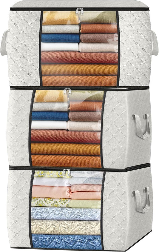 Fab totes 24 Gallons Clothes Storage, Foldable Thick Fabric Blanket Storage Bags, Containers for Organizing Bedroom, Closet, Clothing, Comforter, Organization with Handle (3 Pack,Ivory)