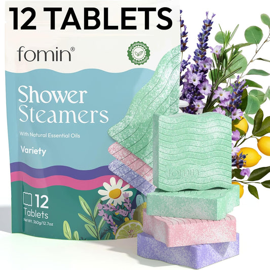 FOMIN Aromatherapy Shower Steamers - 12 Count - Variety Pack Bath Bombs with Essential Oils for Stress Relief & Relaxation - Self Care, Spa Gifts for Women and Men - Shower Aroma for Body Wellness