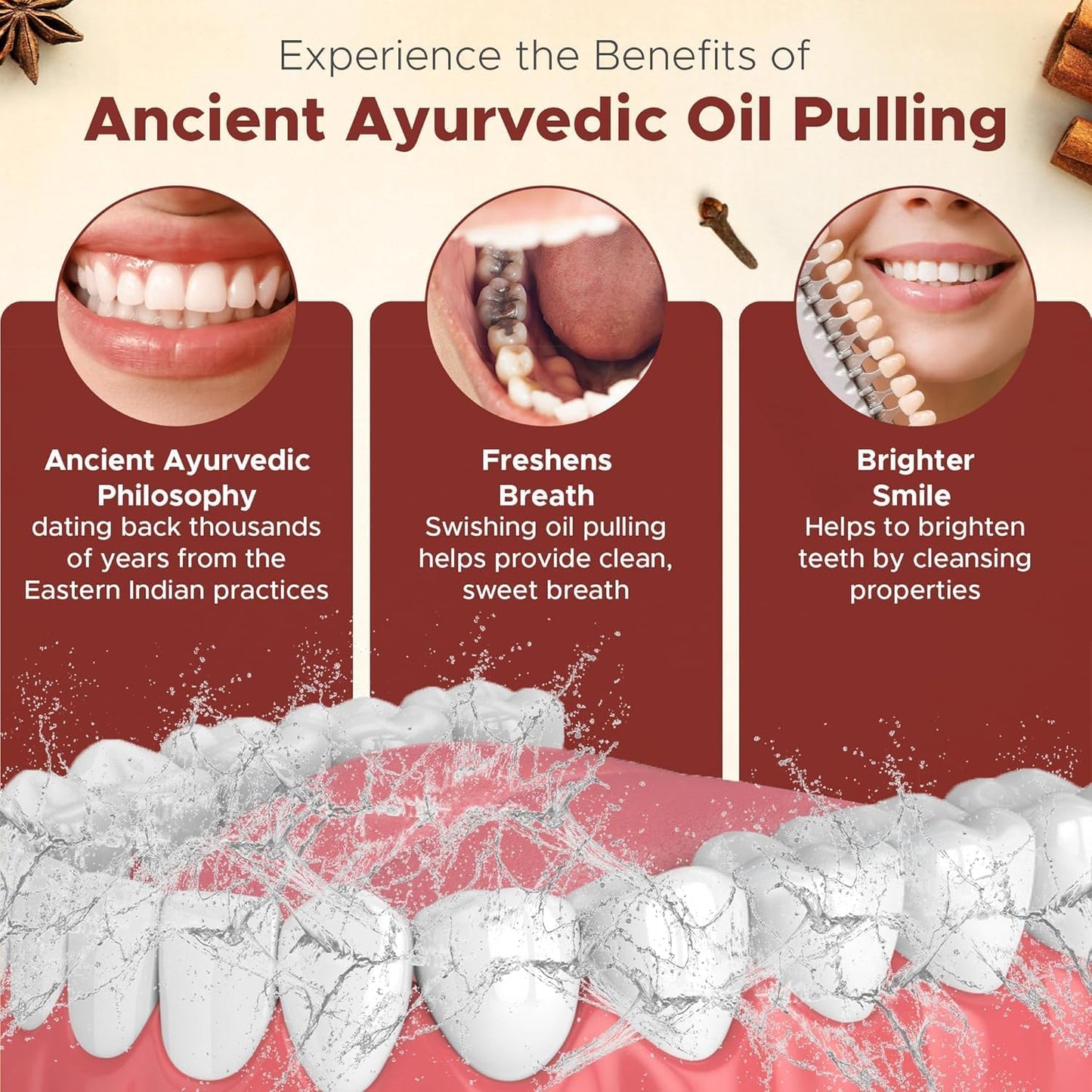 Pack of 3 Ayurvedic Organic Oil Pulling for Teeth & Gums | Natural Cinnamon Flavored Oral Rinse Mouthwash | Essential Oils for Healthy Gums & Bad Breath | Teeth Whitening & Fresh Breath-8 FL Oz