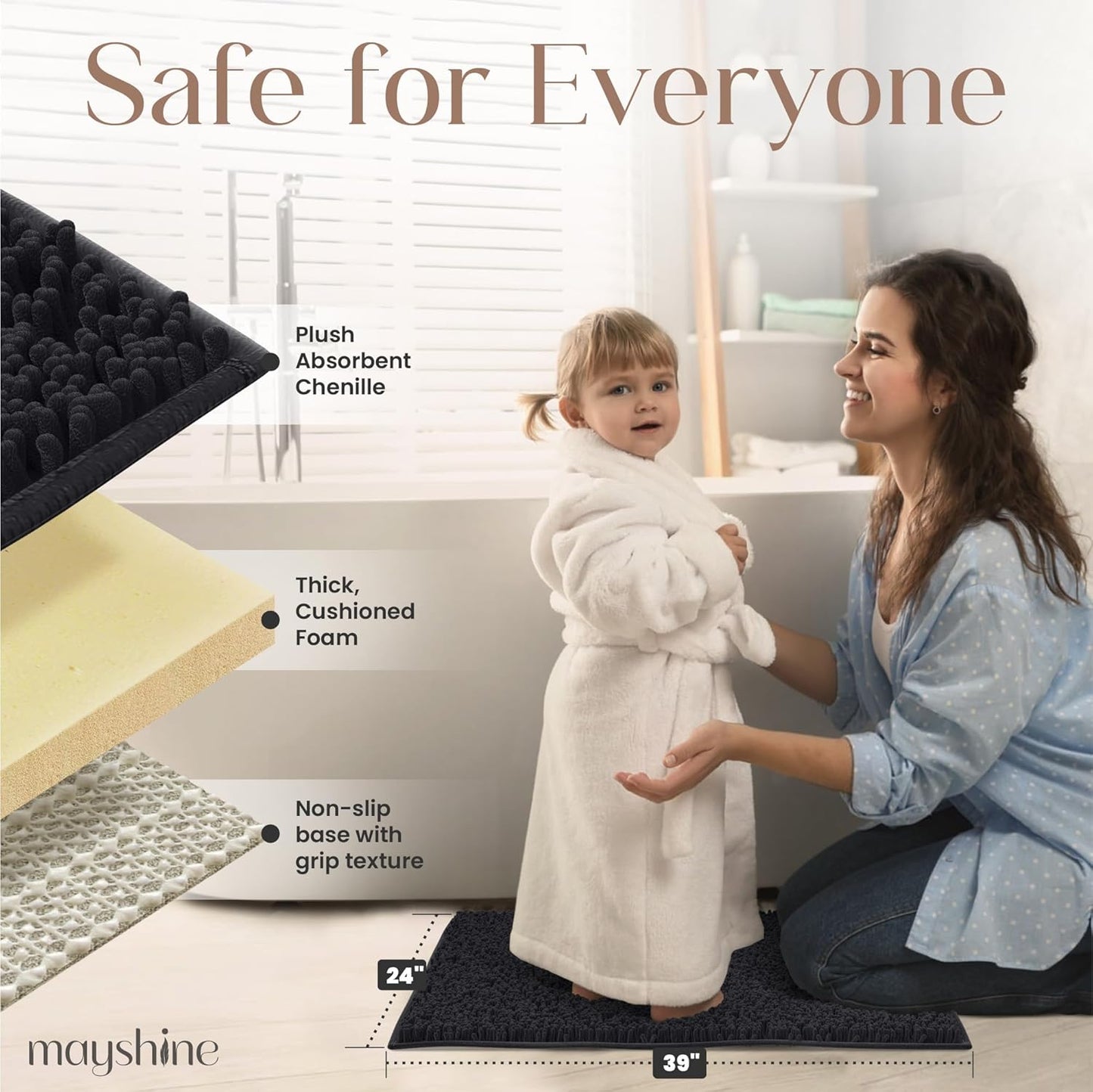 MAYSHINE Plush Shaggy Chenille Bath Mat | Extra Soft, Super Absorbent, Non-Slip Bathroom Rug | Fluffy Microfiber, Area Rug Sets for Bathroom Floor, Kitchen, Living Room | 39"x24" | Black