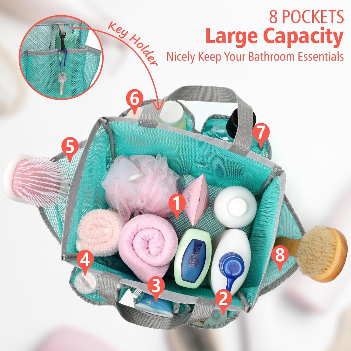 F-color Mesh Shower Caddy Portable, Upgrade Deeper 7 Pockets Shower Bag Basket Bag for College Dorm Room Toiletry Bathroom Essentials Gym Camp Quick Dry 2 handles with S Hook, Mint Green