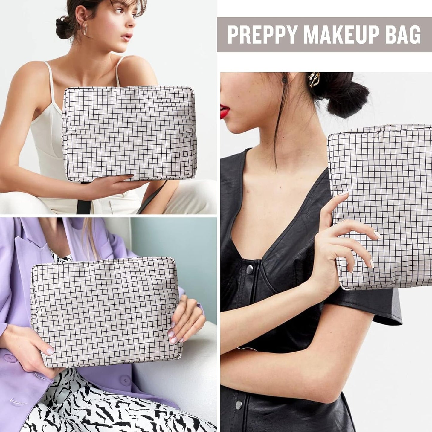 Nylon Large Checkered Makeup Bag Travel Pouch for Women, Big Preppy Makeup Bag Cute Cosmetic Zipper Pouch Purse,Waterproof Toiletry Bag Clutch Makeup Brush Organizer Pouch for Ladies Girls(Checkered)