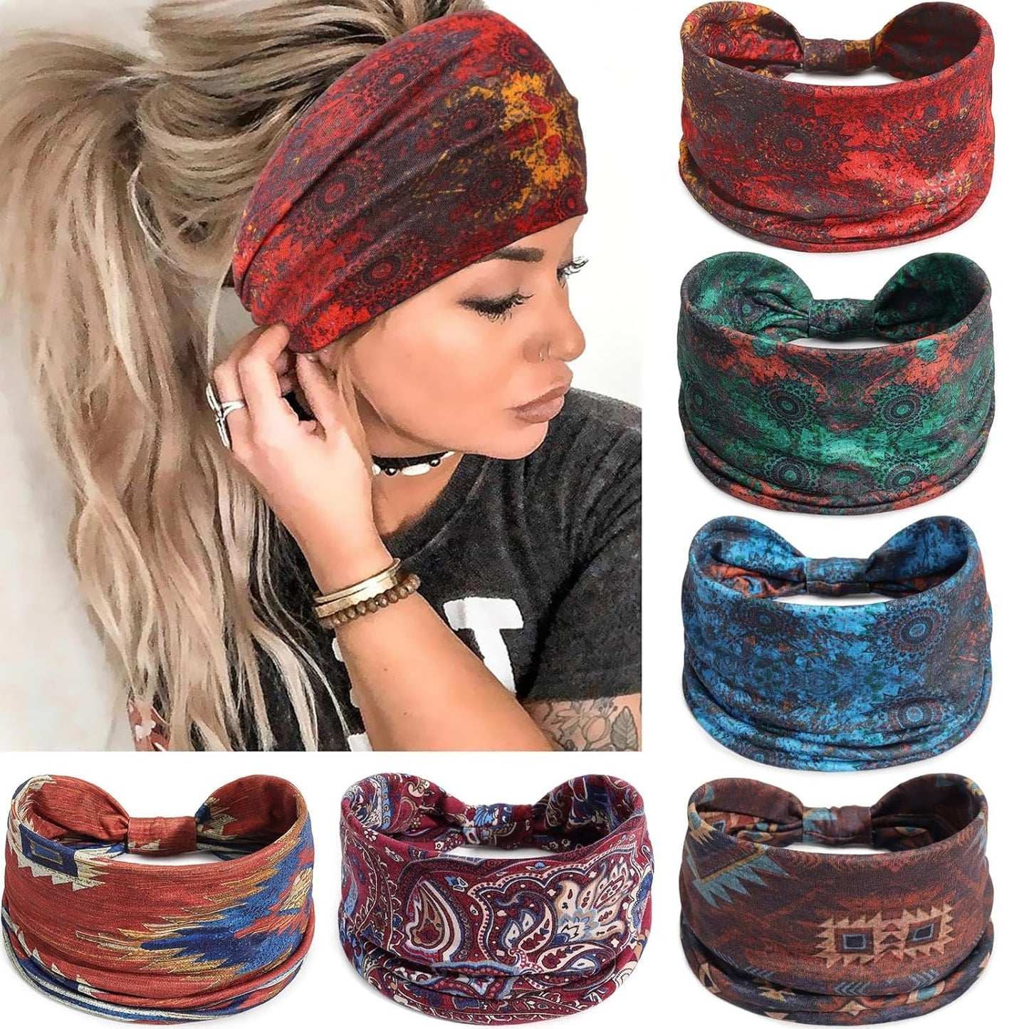 Wide Headbands for Women Knotted No Slip Head Bands Soft Turban Headband Hair Accessories Boho African Solid Color Head Wraps for Women Yoga Workout Pack of 6