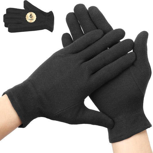 Segbeauty 12 Counts Elastic Black Cotton Gloves for Women, 6 Pairs Sleeping Moisturizing Cotton Gloves for Men with Elastic Band, Hand Spa Moisture Glove for Dry Hands Overnight, Sleep Lotion Glove
