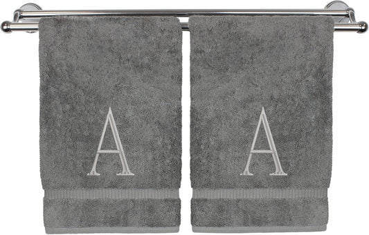 Monogrammed Hand Towel, Personalized Initial Gift, Extra Absorbent 100% Turkish Cotton - Soft Terry Finish - Set of 2 - Silver Block Initial A - Embroidered on Grey Towels