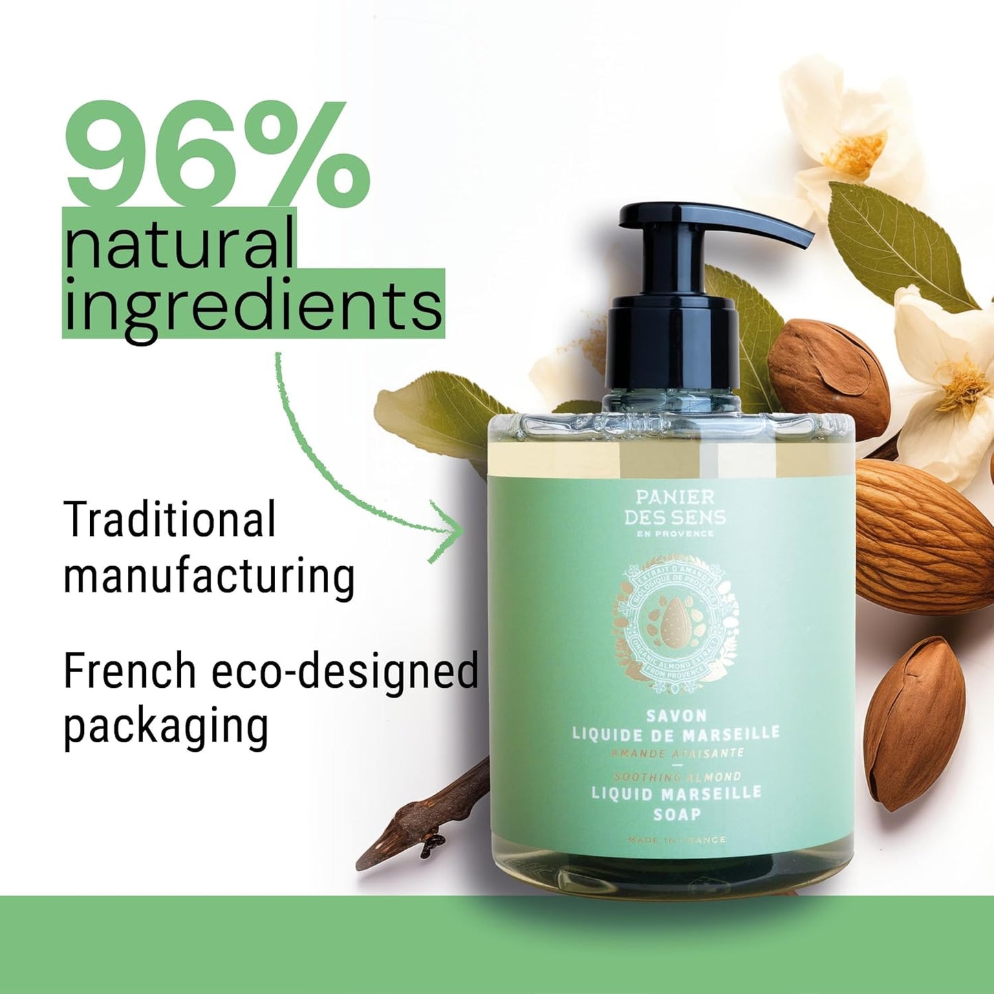Panier des Sens - Liquid Hand Soap - Almond Hand Wash - French Marseille Moisturizing Hand Soap with Coconut Oil - Refillable Kitchen - 96% Natural Ingredients -16.9 Fl.oz