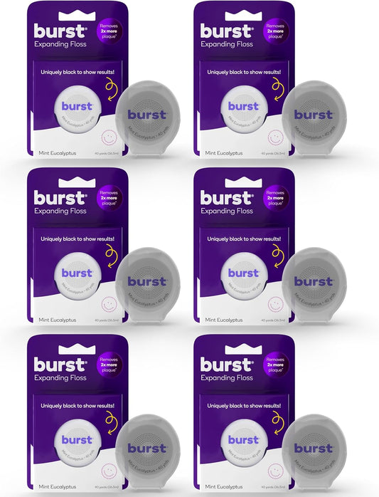 BURST Expanding Dental Floss (Mint Eucalyptus/240 Yards) | Stain Absorbing & Woven with Xylitol Coating to Fight Cavities | Vegan | Paraben Free