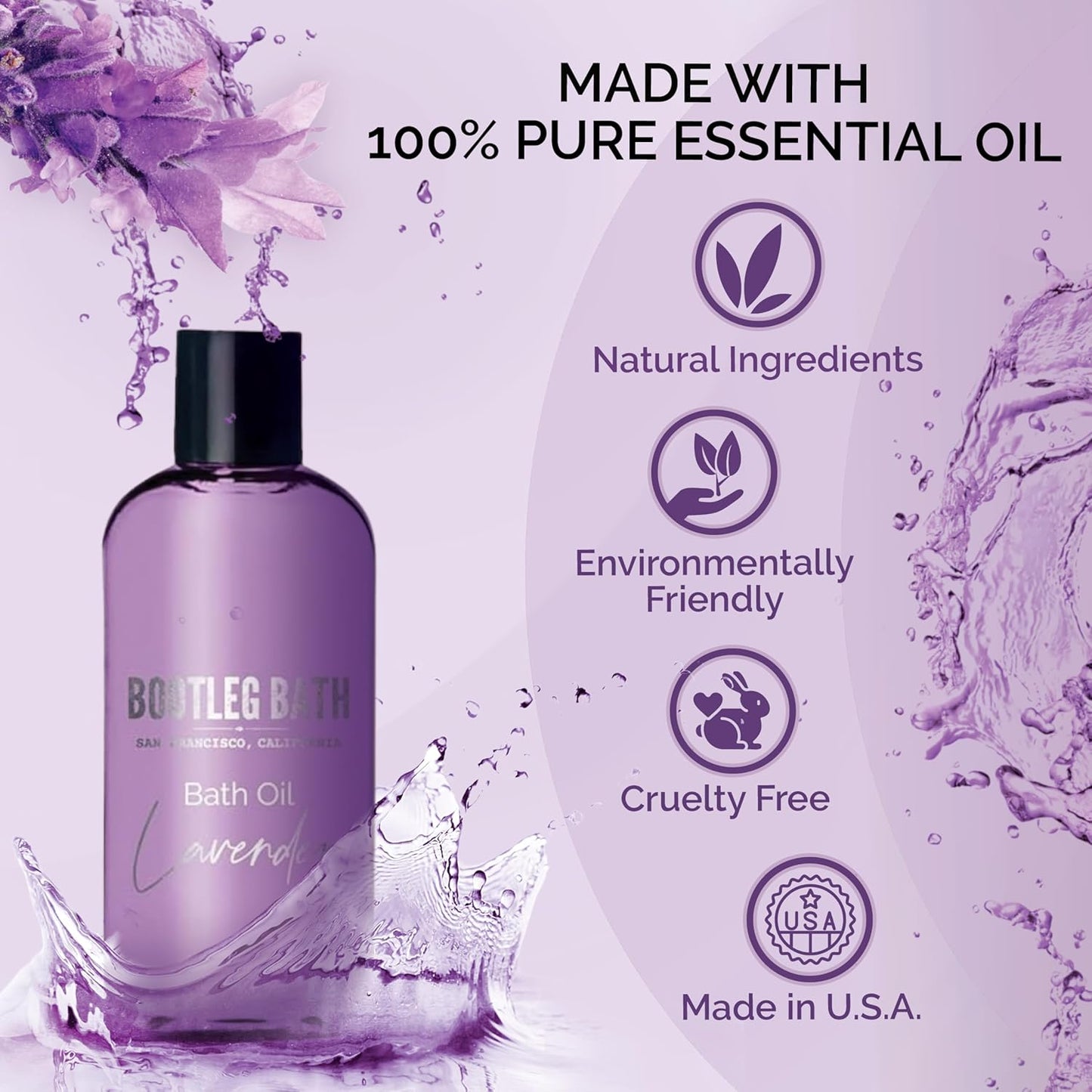 Lavender Bath Oil with Marula, Rosehip, and Jojoba Oils, Chamomile Extract, and 100% Pure Natural Essential Oil, Great Mother's Day Gift, 4oz, for Men and Women, Made in USA